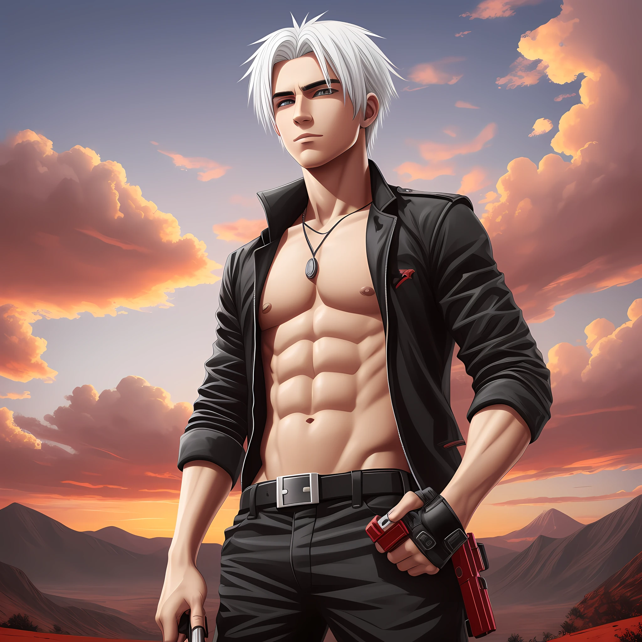 Black with white hair boy with guns and red sky in background --auto --s2
