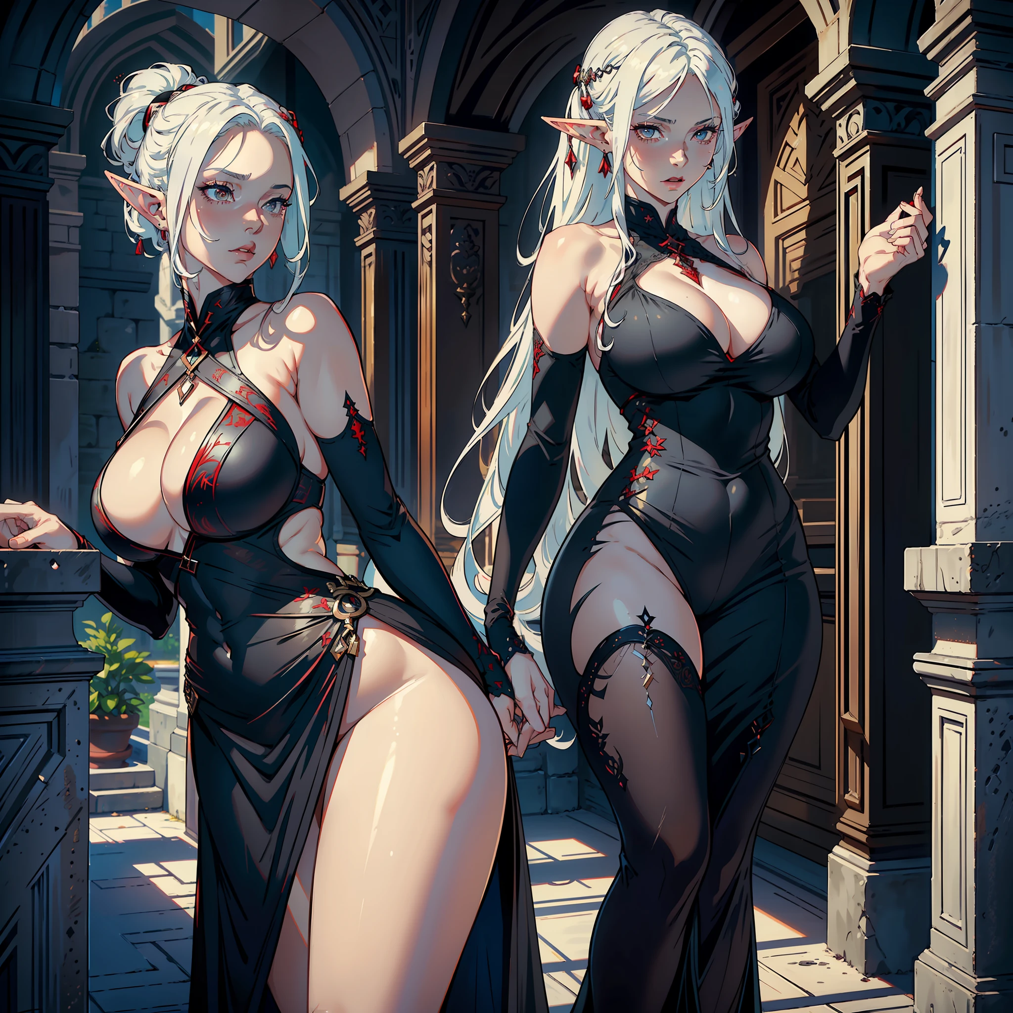 ((realistic: 1.5)),((best quality)), ((masterpiece)),((detailed)), woman with white hair, red pupils, focus on face, mature, sexy, long legs, curves, large breasts, open neckline, black dress, thick thighs, wide hips, flowing hair, long eyelashes, elf ears, black colored skin, ancient castle