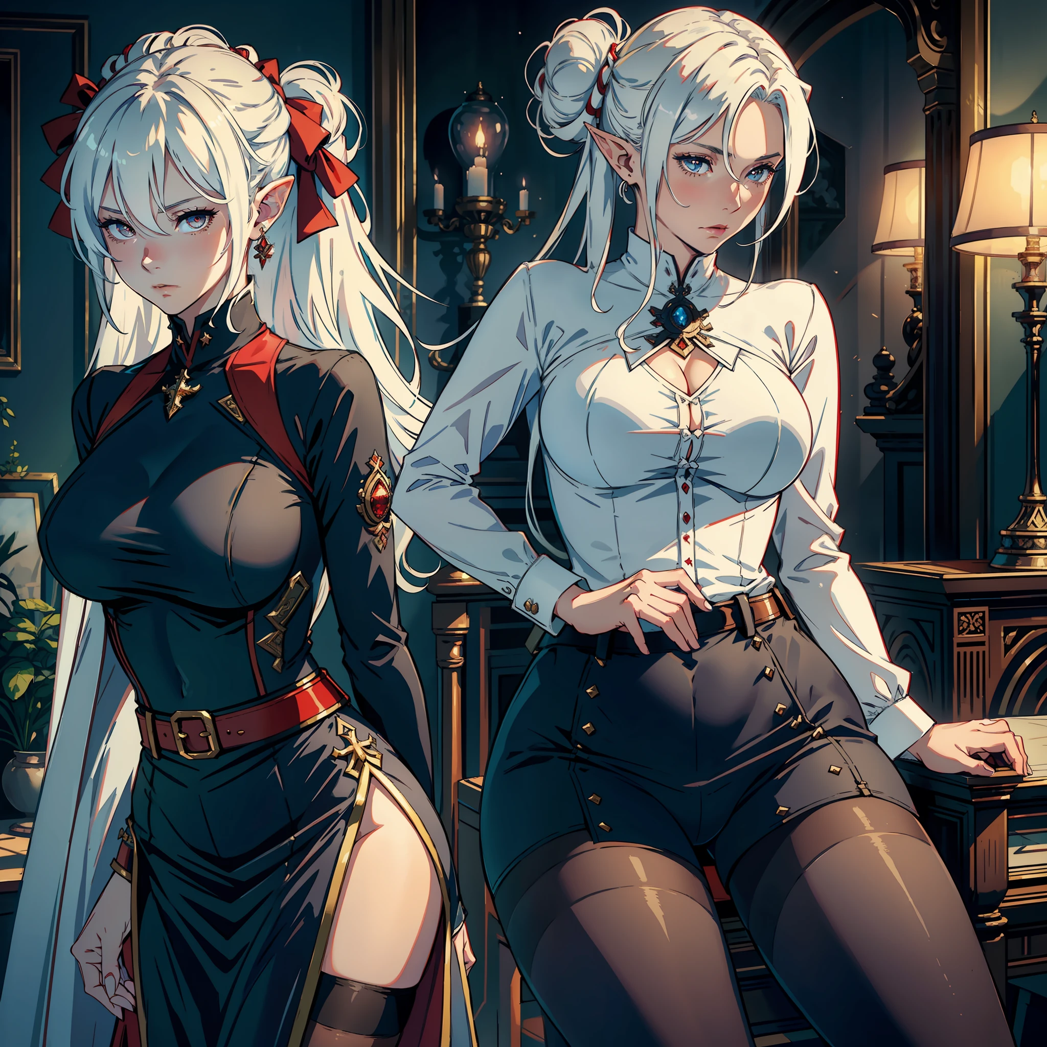 ((realistic: 1.5)),((best quality)), ((masterpiece)),((detailed)), woman, white-haired, with bun, red pupils, focus on face, mature, expression would be, long legs, curves, large breasts, closed neckline, clothes of general from hell, skirt, pantyhose thick thighs, wide hips, hair stuck, long eyelashes, elf ears, black skin, ancient castle