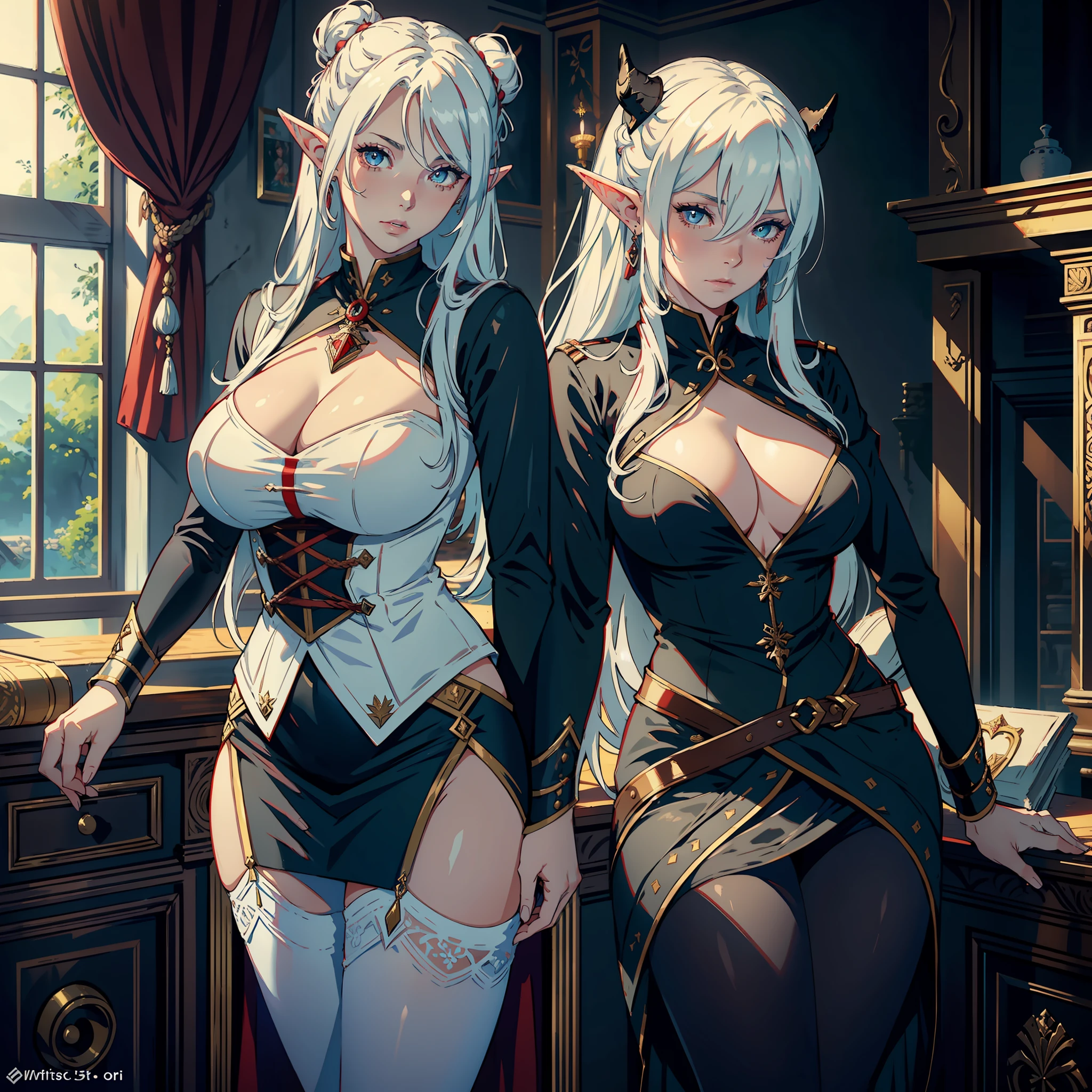 ((realistic: 1.5)),((best quality)), ((masterpiece)),((detailed)), woman, white-haired, with bun, red pupils, focus on face, mature, expression would be, long legs, curves, large breasts, closed neckline, clothes of general from hell, skirt, pantyhose thick thighs, wide hips, hair stuck, long eyelashes, elf ears, black skin, ancient castle