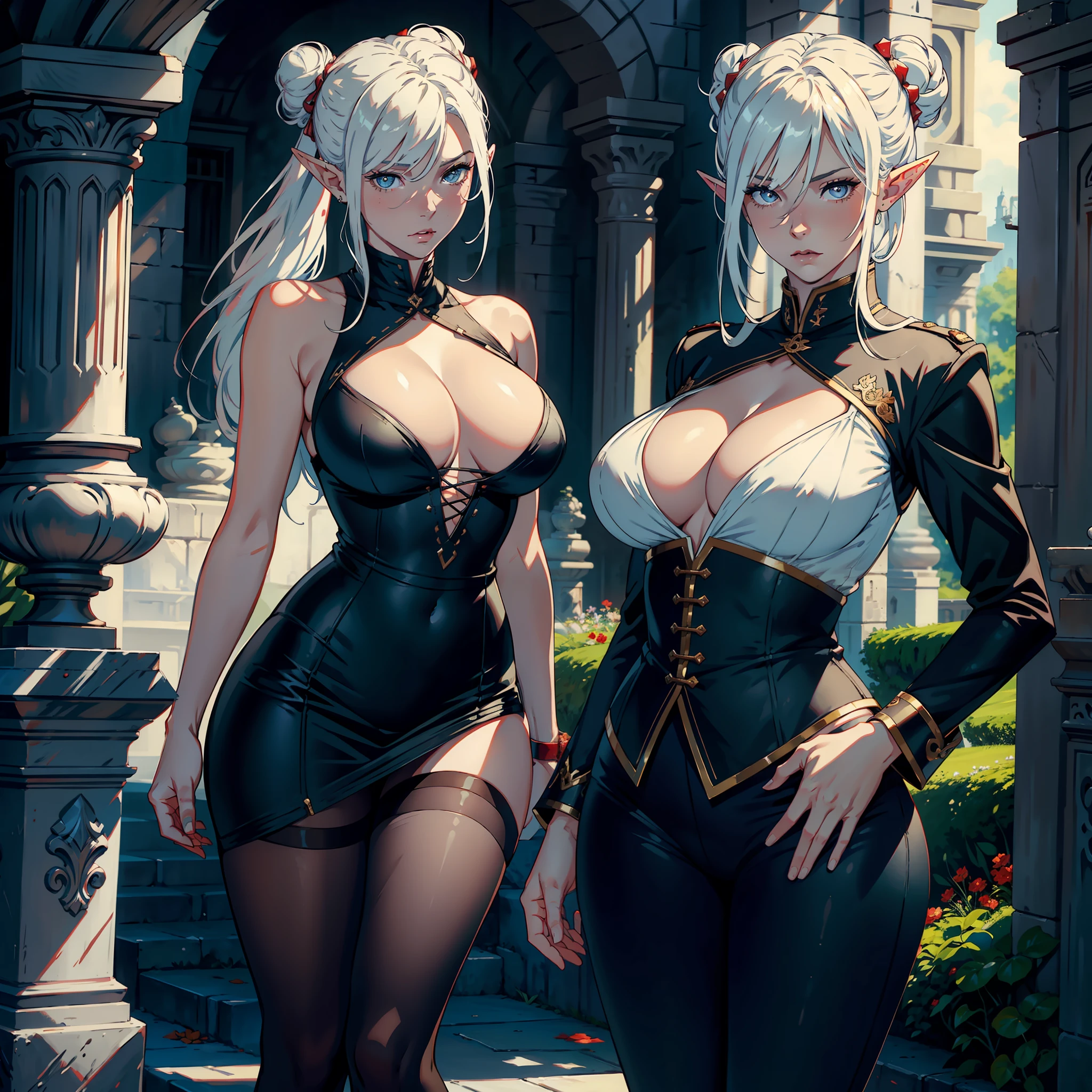 ((realistic: 1.5)),((best quality)), ((masterpiece)),((detailed)), woman, white-haired, with bun, red pupils, focus on face, mature, expression would be, long legs, curves, large breasts, closed neckline, clothes of general from hell, skirt, pantyhose thick thighs, wide hips, hair stuck, long eyelashes, elf ears, black skin, ancient castle
