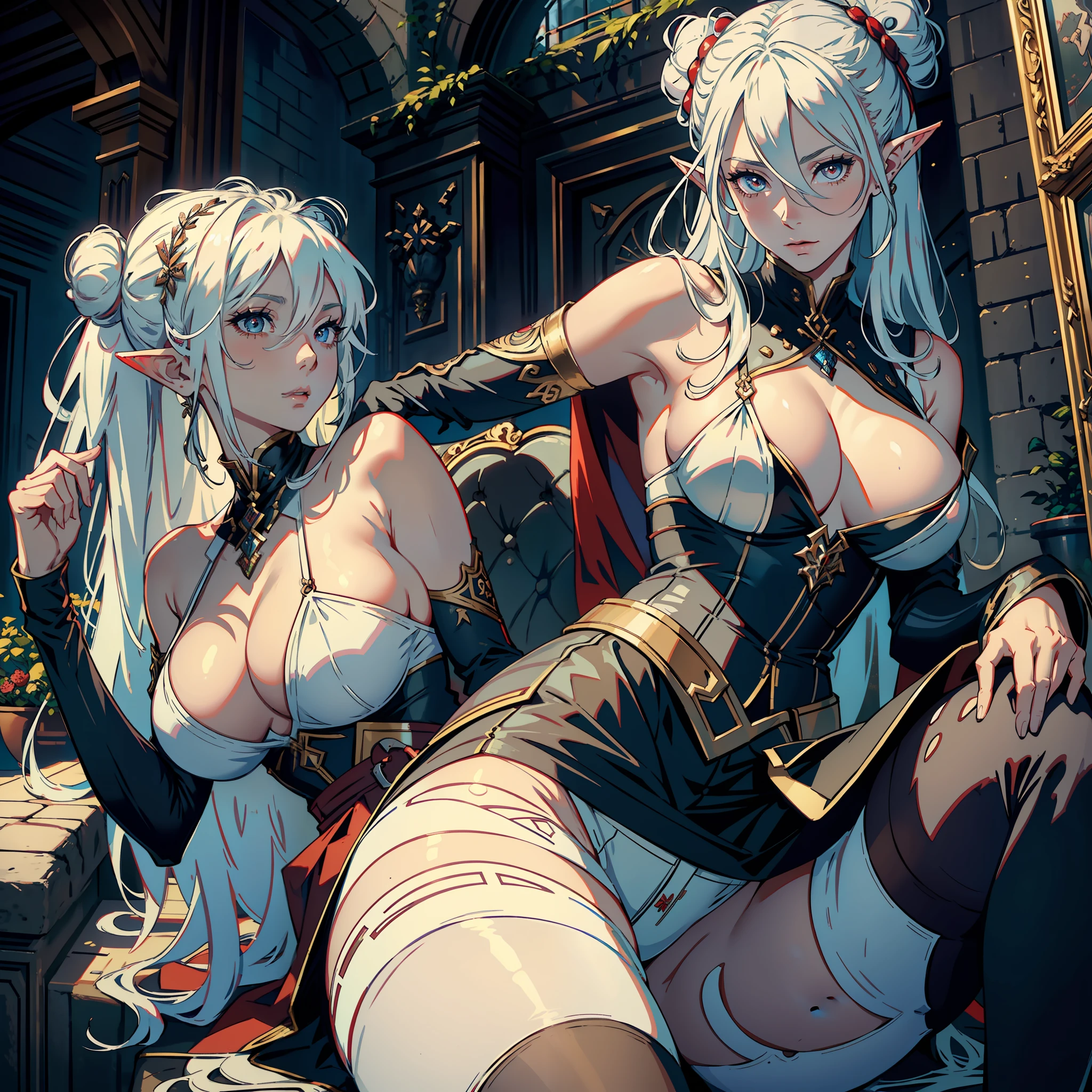 ((realistic: 1.5)),((best quality)), ((masterpiece)),((detailed)), woman, white-haired, with bun, red pupils, focus on face, mature, expression would be, long legs, curves, large breasts, closed neckline, clothes of general from hell, skirt, pantyhose thick thighs, wide hips, hair stuck, long eyelashes, elf ears, black skin, ancient castle