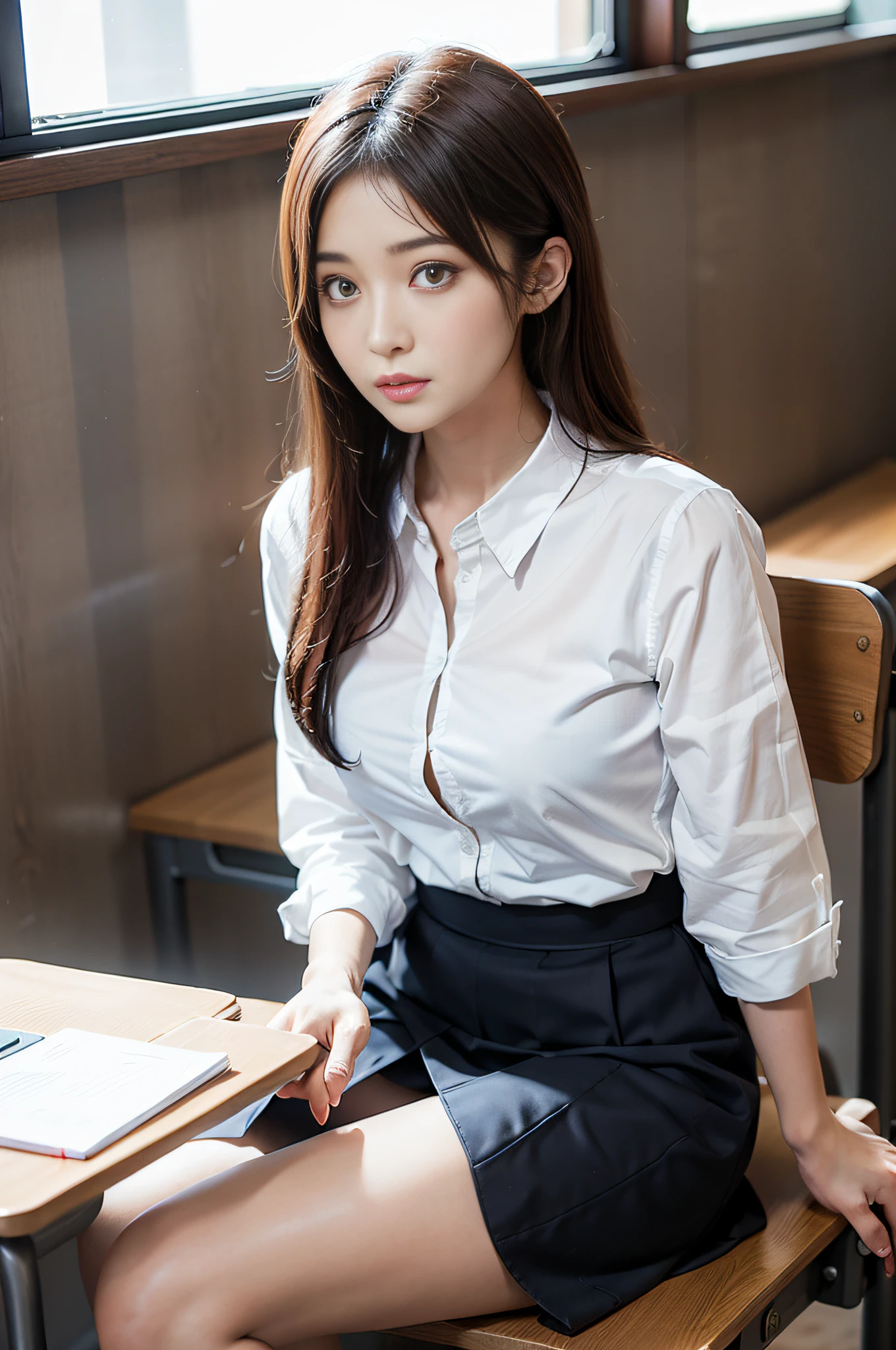 Arafo Asian woman sitting at table in skirt and white shirt, as strict school teacher), Japanese goddess, Japanese model, thighs and skirt, surreal schoolgirl, in the classroom, Shoko Nishinomiya, teacher, camera full theme, Japanese,