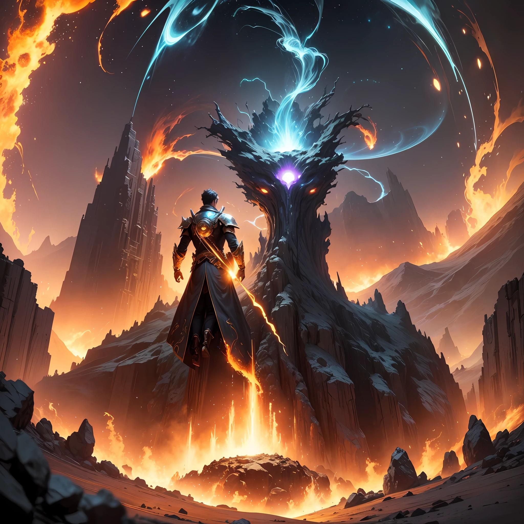 Photo, portrait, god floating on fire [discovery of wormhole leads to new world|cursed prince must marry the void], [sci-fi: fantasy: 0.6] cinematic lighting, detailed background, centered, Michael Bay style, crazy detail, HD, concept art, digital art, vibrant, (the most beautiful art in the world: 1.2), (V0id3nergy: 1.3) --auto --s2