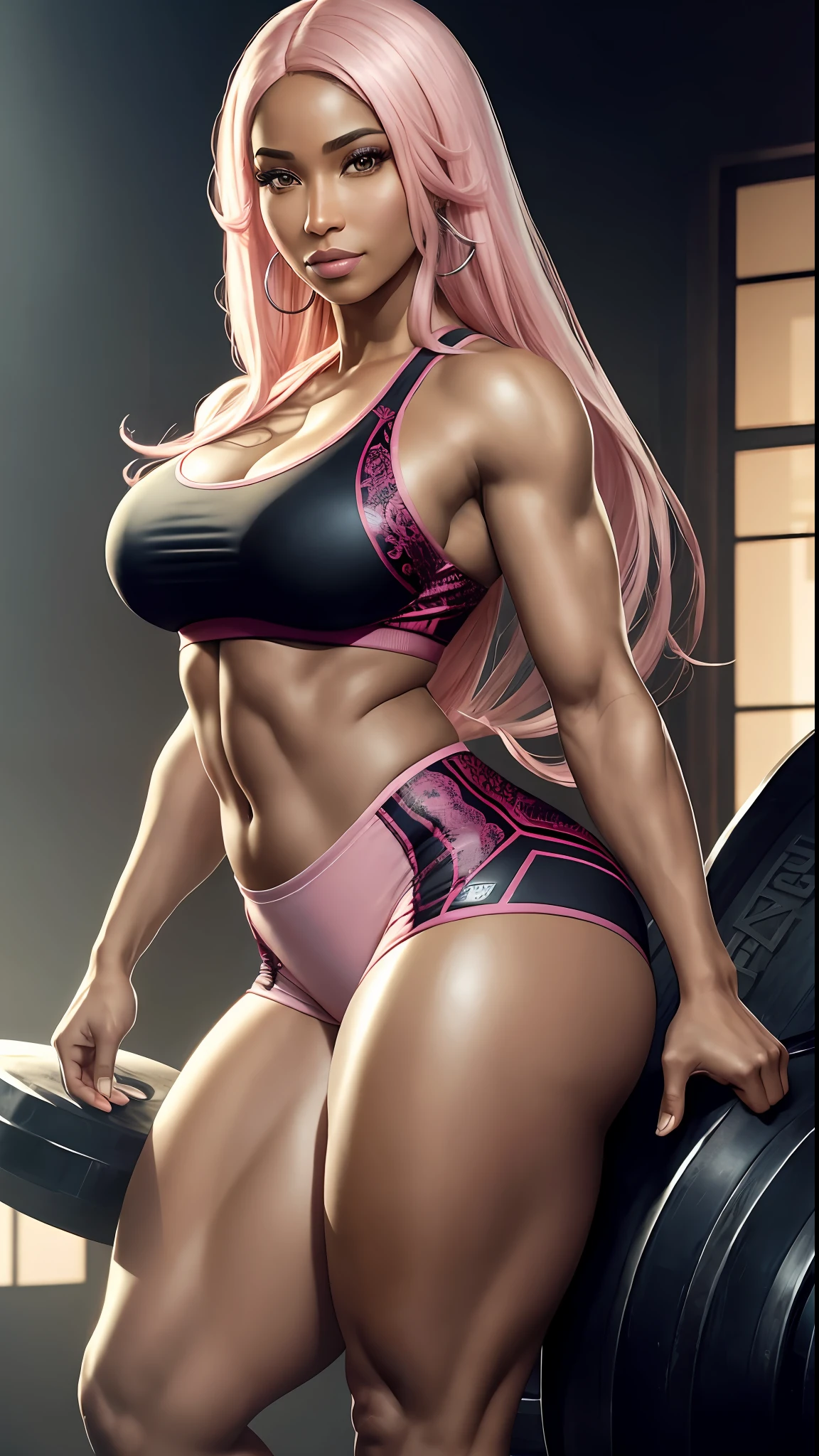 8k portrait of Nicki Minaj muscular, smiling, gym clothes, intricate, 35 years old, gym background, full body, looking at the camera, elegant, (black eyes), highly detailed, majestic, digital photography, art by artgerm and ruan jia and greg rutkowski, light pink hair, broken glass around (masterpiece, side lighting, beautiful finely detailed eyes: 1.2), hdr