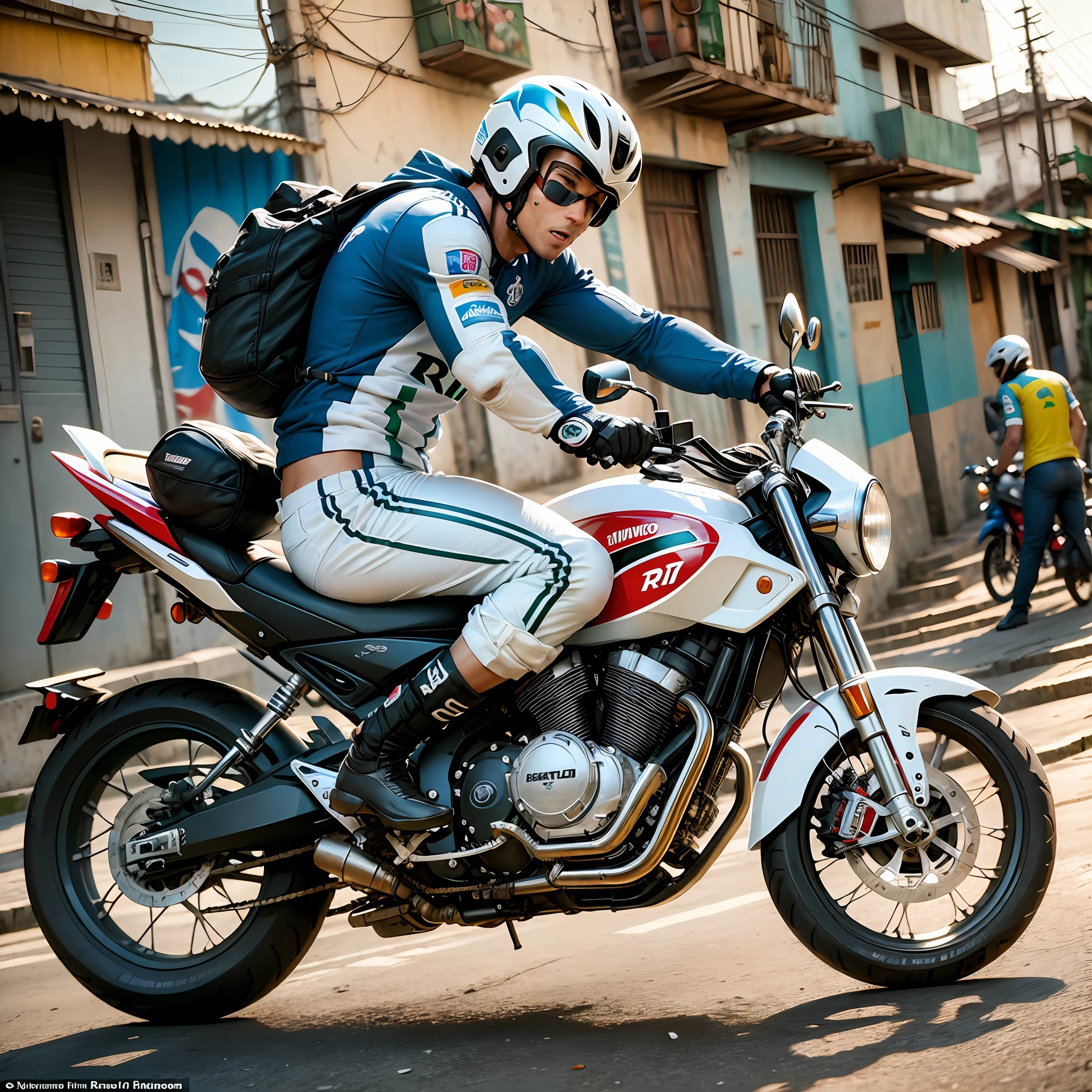 Cristiano Ronaldo, ugly, riding a motorcycle, in the favela, in Rio de Janeiro --auto --s2