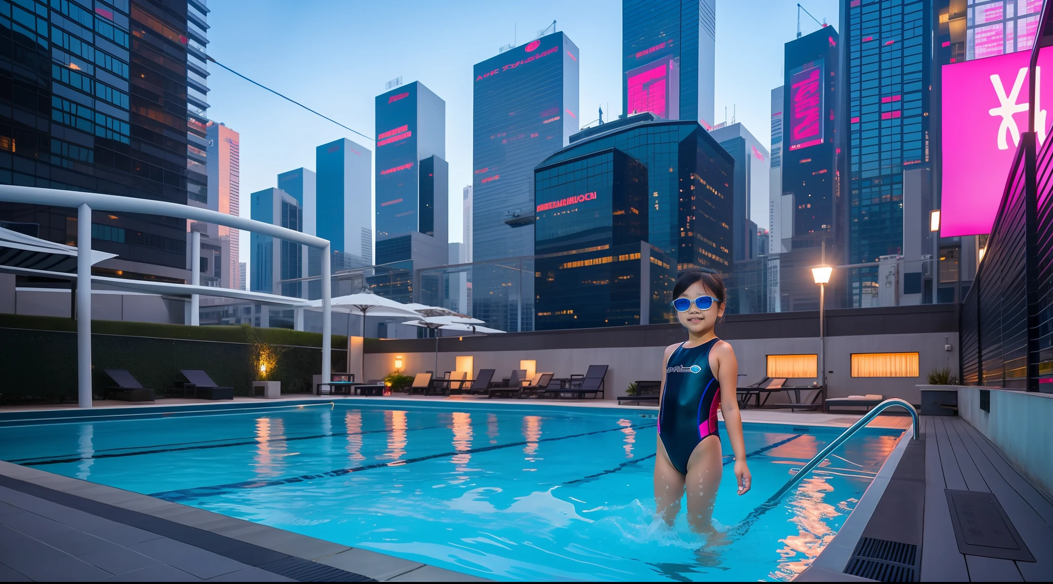 A ten-year-old little Chinese girl with metal punk glasses, wearing a one-piece swimsuit, in the water to her shoulders, innocent smile, CG anime style, swimming in a luxurious swimming pool with cyberpunk style high-rise building in the background, high-rise building with a sense of technology, children's photography 4K, sci-fi, futuristic, detail, rich details, luxurious swimming pool, asian little girl, metalpunk glasses, in the water --auto --s2