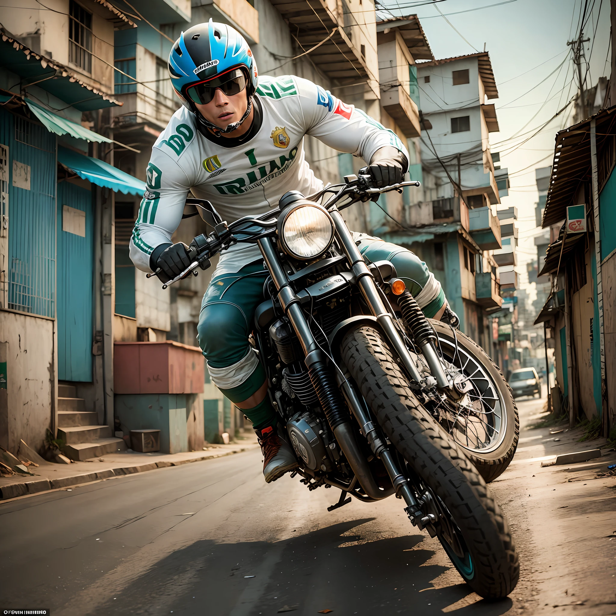 Cristiano Ronaldo, ugly, riding a motorcycle, in the favela, in Rio de Janeiro --auto --s2
