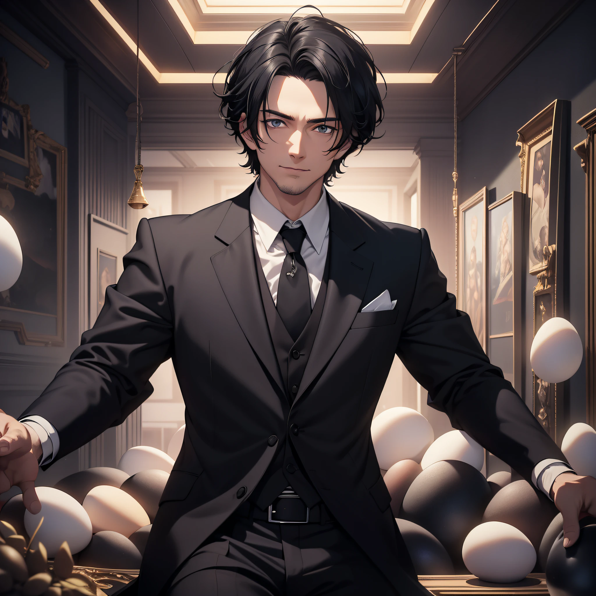 A thirty-year-old middle-aged man in a black suit with short black hair sitting in a room (Expression Bad Smile 1.5) (Magic Array 1.5) (Room Filled with Eggs 1.5 in the background) (Best Quality: 1.1) (Vista 1.5) (Masterpiece: 1.3) with an unparalleled masterpiece, surreal 8K, perfect artwork, super detail, best quality, masterpiece 4K wallpaper aesthetics, masterpiece, award-winning artwork, official art, cinematic lighting (Handsome Young 1.5) (Handsome 1.5) (Vicissitudes 1.3
