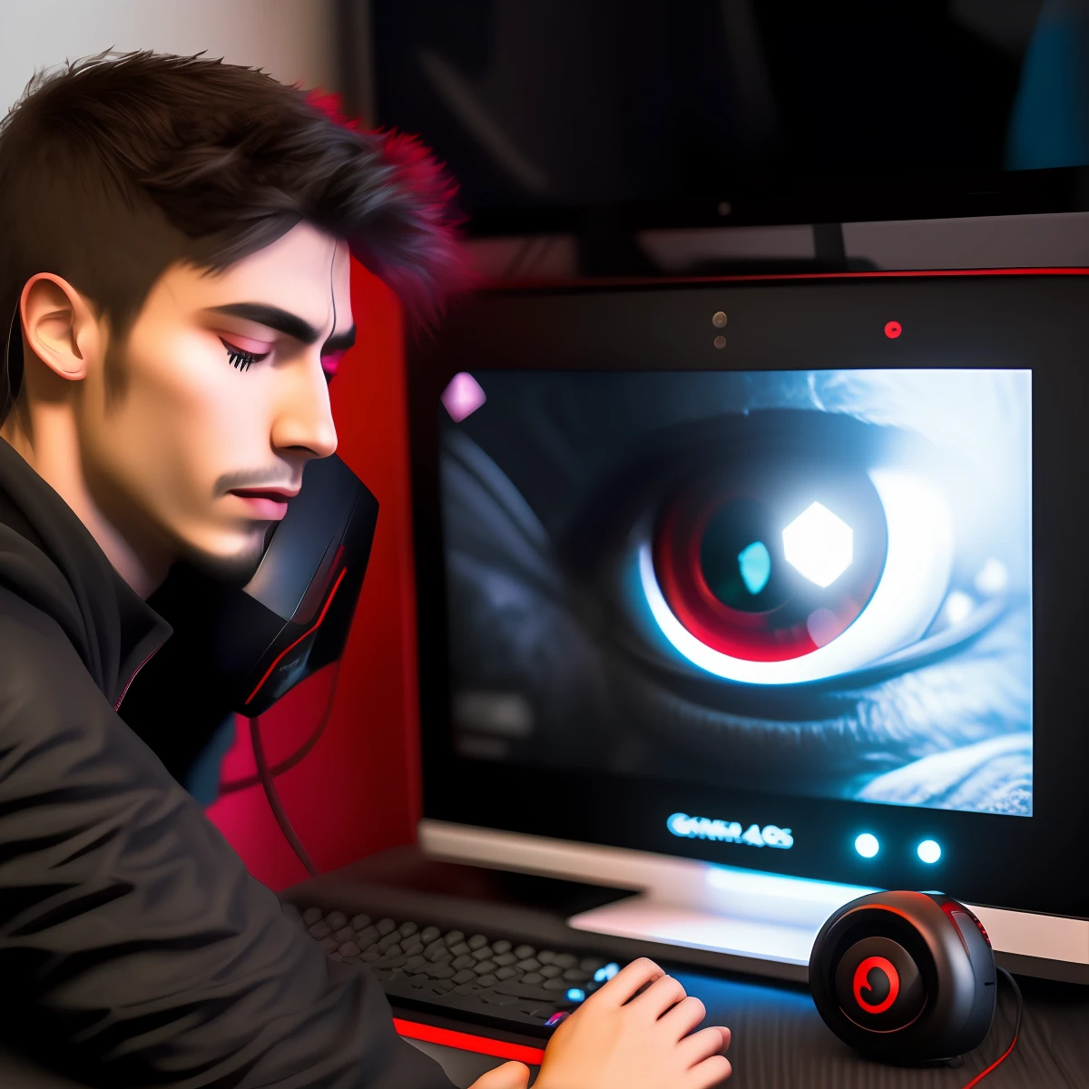 Sleepy gamer with a red-eyed capus with a detailed pc with black sonbras