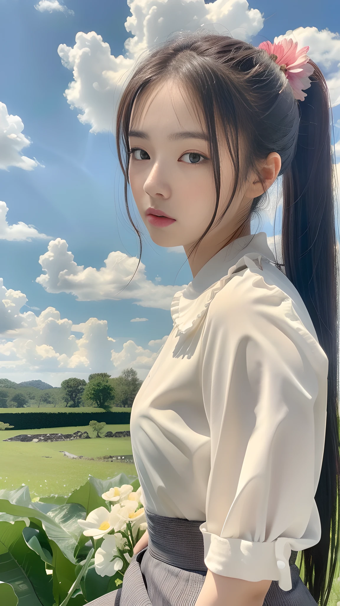 ((Best Quality, 8K, Masterpiece:1.3)), A beautiful girl, pure, melon face, gentle and cute, thin figure, partial head, upper body leaning forward, ((short sleeve shirt, broken flower slit long skirt)), high ponytail, black fluffy long ponytail hair, round black big eyes, clear big eyes, moist red lips, sweet, sitting, blue sky and white clouds, sunshine, pastoral background,