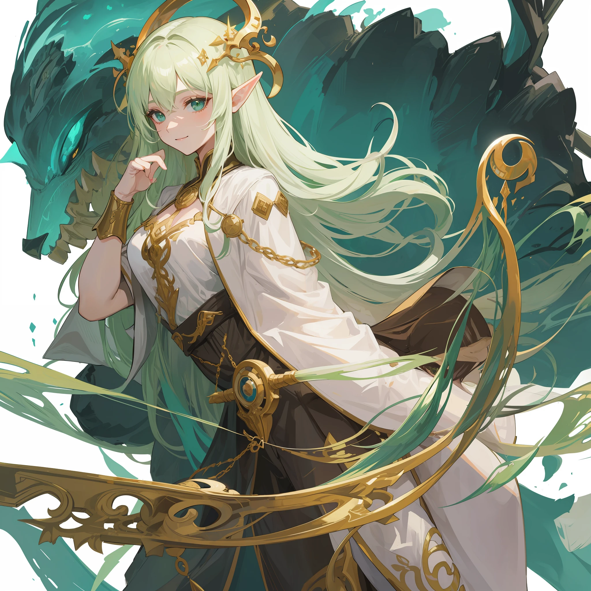 A cruel beautiful girl, wearing a white robe lined with gold, she is alchemist, green flowing hair with psychopath smile, white background, an beautiful elf