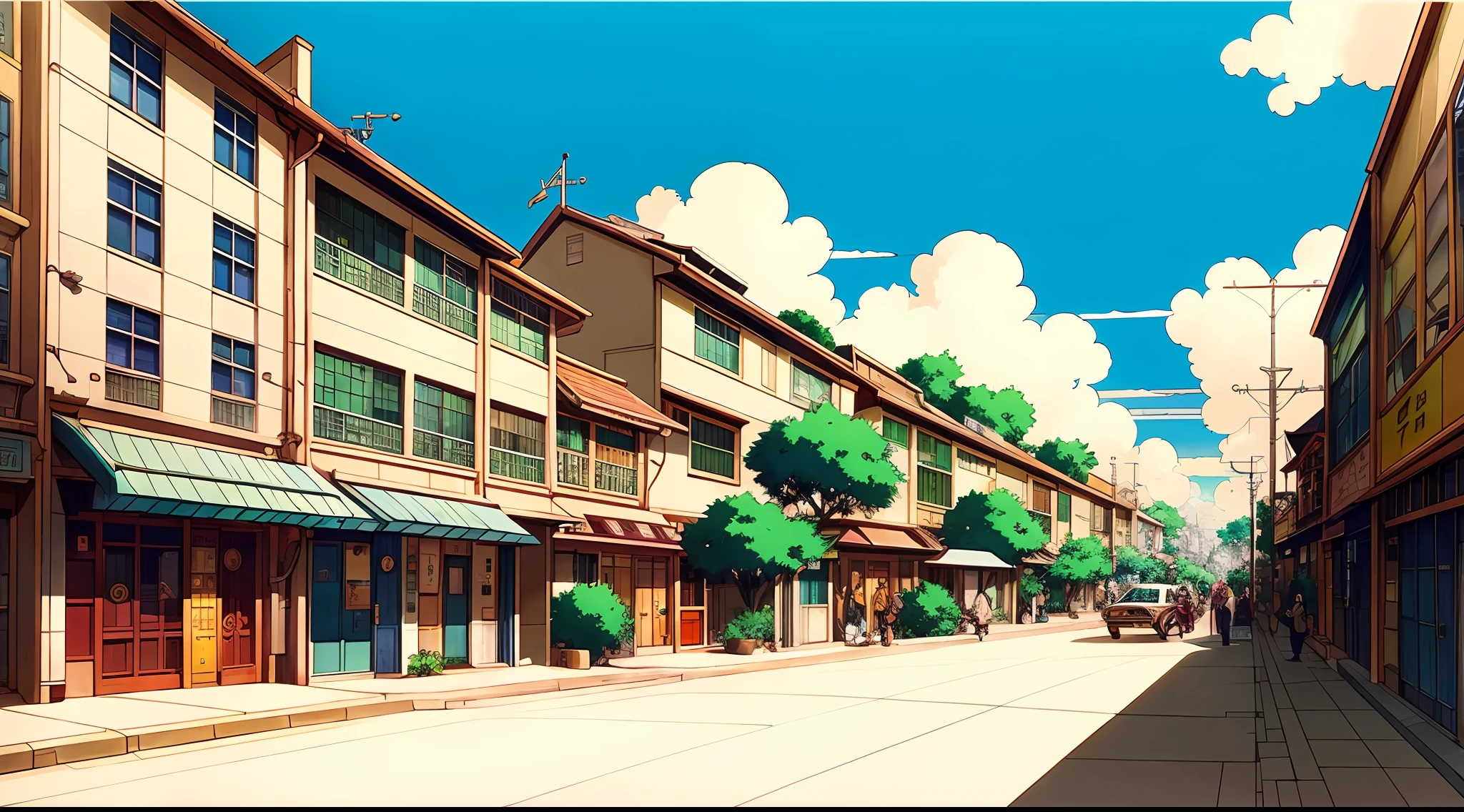 A ultra detailed view of a 70s city, street view, color digital painting, highly detailed, digital painting, artstation, intricate, warm lighting, attractive, high quality, masterpiece, award-winning art, art by Yoshitaka Amano, and Brian Froud, trending on artstation, trending on deviantart, Anime Key Visual, anime coloring, (anime screencap:1.2),(Graphic Novel),(style of anime:1.3), trending on CGSociety