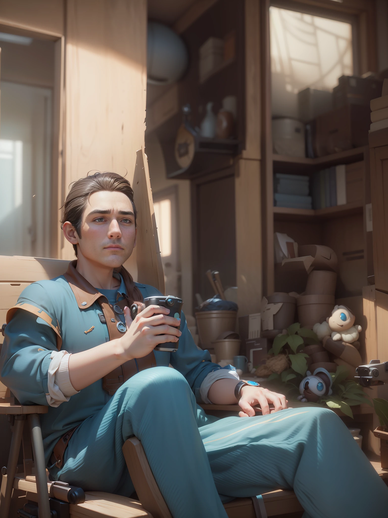 round cheek, dimple, hair waving in the wind, brown hair, in blue shirt, character in style of Pixar studio, charismatic, appealing, fariytale scene, Unreal Engine 5, divine fine lustre, highly detailed –ar 2:3 –iw 2 --auto --s2