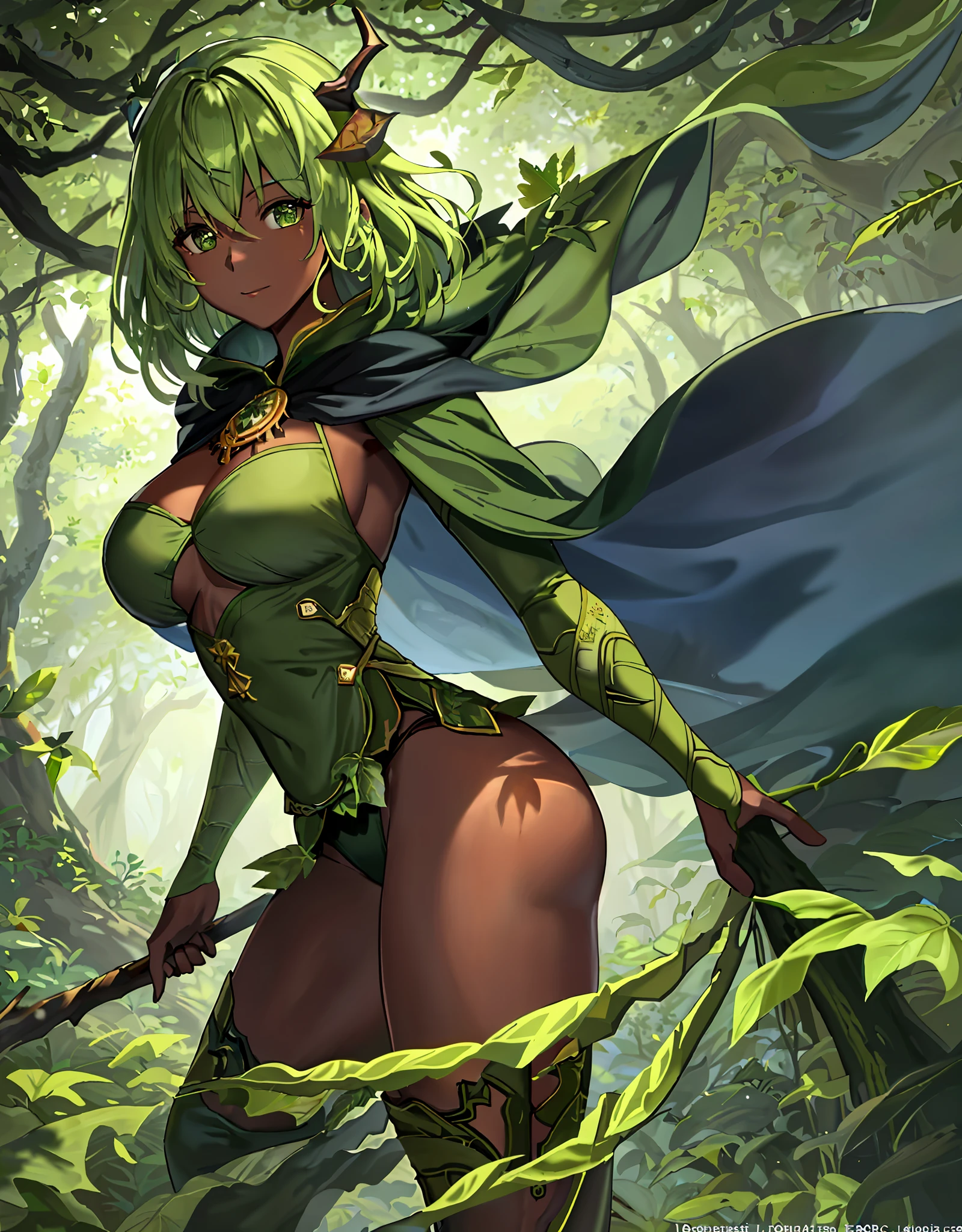 ファンタジー, 1forest_elemental_girl, dynamic_pose_fighting, (using_leaves_clothes, green_leaves_covered_breasts, leaves_covered_pussy)+++,big_tits,dynamic_pose_standing, light_smile, 眠い, medium_hair, へそ,(dark_skin)+, オイル, (winding_vine_around_torso)++, (ふっくらと)+,森, trees_background, leaves_headgear, green_leaves_cape, hold_large_long_staff, large_thighs, large_ass, (solo)+,