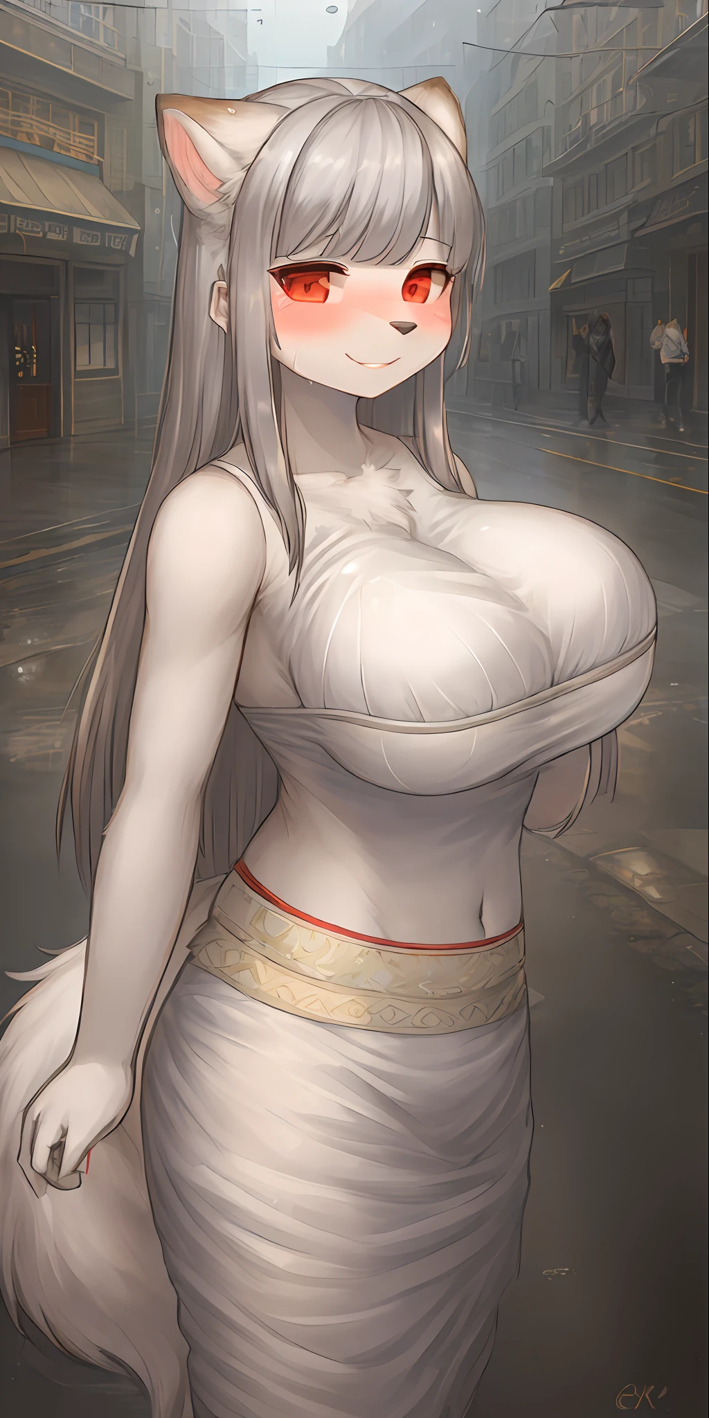 ((Best Quality, 8k, Masterpiece:1.3)), Focus:1.2, Perfect Body Beauty:1.4, :1.2, ((Layered Haircut, Breasts:(Wet Clothes:1.1) , (Rain, Street:1.3), Bandeau Dress: 1.1, Highly Detailed Face and Skin Texture, Fine Eyes, Double Eyelids, Whitened Skin, Long Hair ((SFW) , (((furry)), No Man, Breasts cum,To te, shy ji, blu looks bulky breasts, transparent pantiesng, (8k, original phot quality, masterpiece: 1.2), (realistic, realistic photo fidelity: 1.2), ((breast exposed)) red_eyes, gray hair, closth, (smile: 1.2), lips, long_hair, light clothes, look...