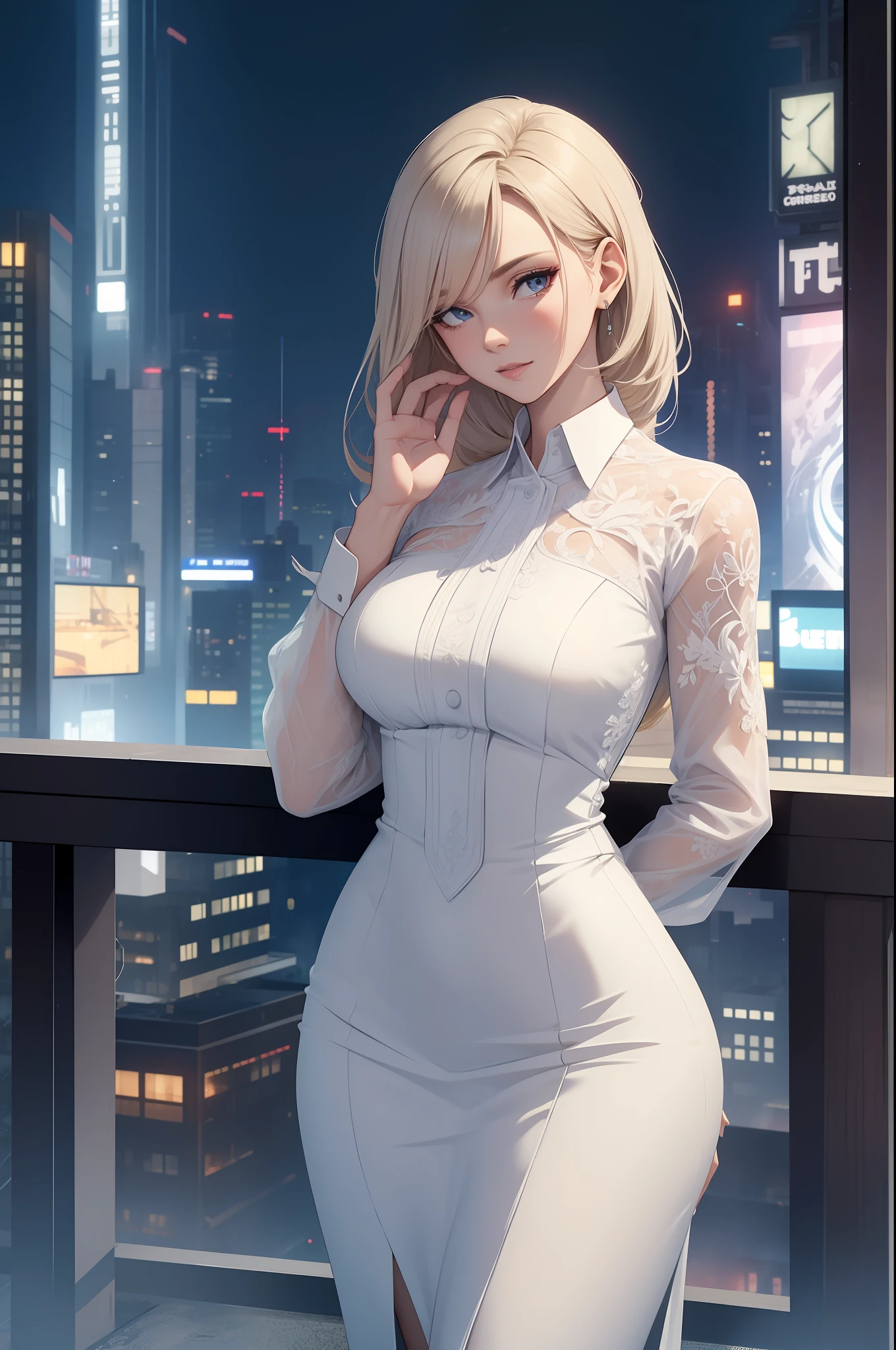 best quality, beautiful sexy mature woman, perfect, flawless, detailed, intricate, white formal shirt, dystopian city, night