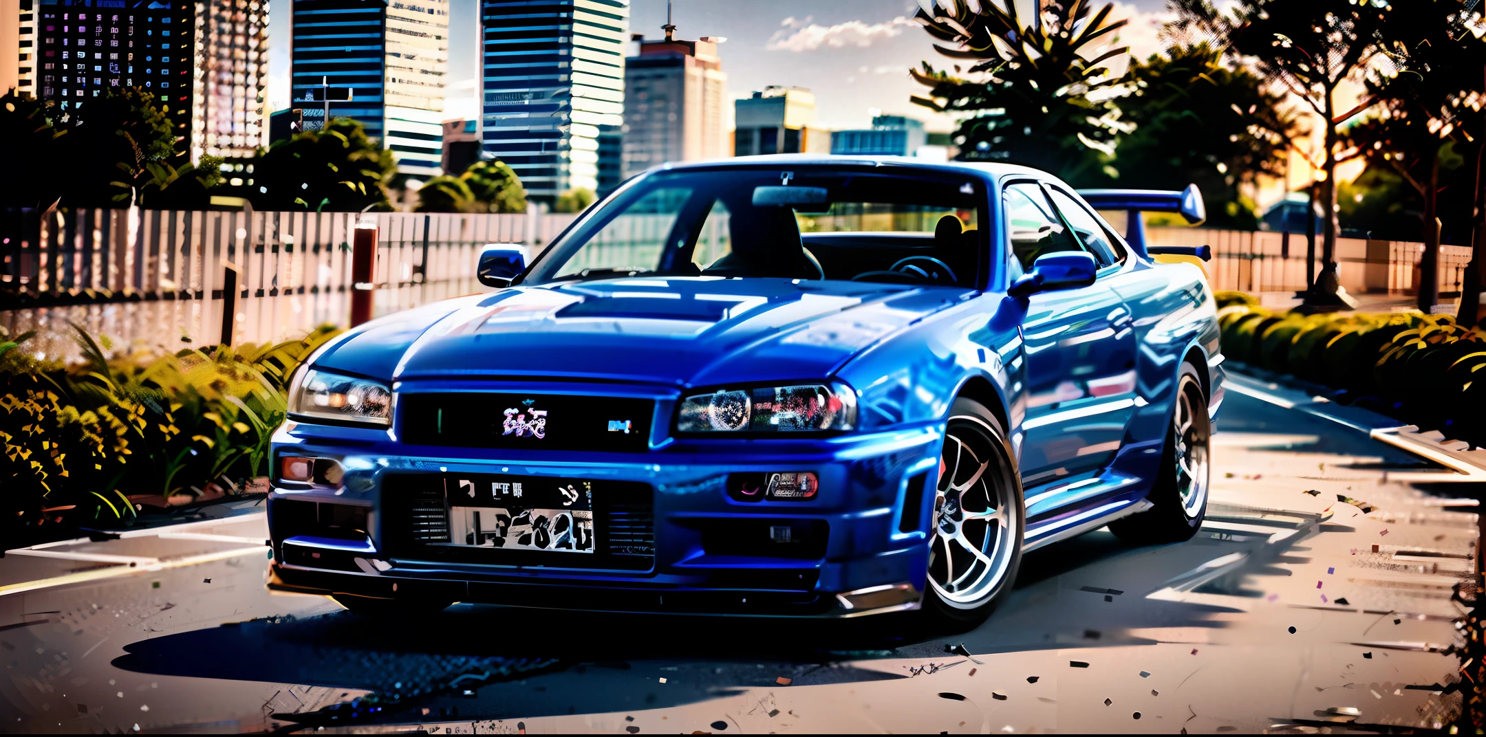 Ultra realistic image of a gtr skyline r34 car on a street with a city in the background with the sky with sunset