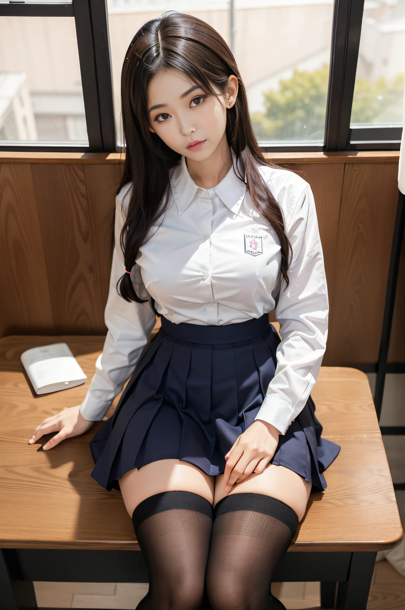 Arafo Asian woman sitting at table in skirt and white shirt, as strict school teacher), Japanese goddess, Japanese model, thighs and skirt, long legs, light stockings, lace, surreal schoolgirl, in the classroom, Shoko Nishinomiya, teacher, camera full theme, Japanese,