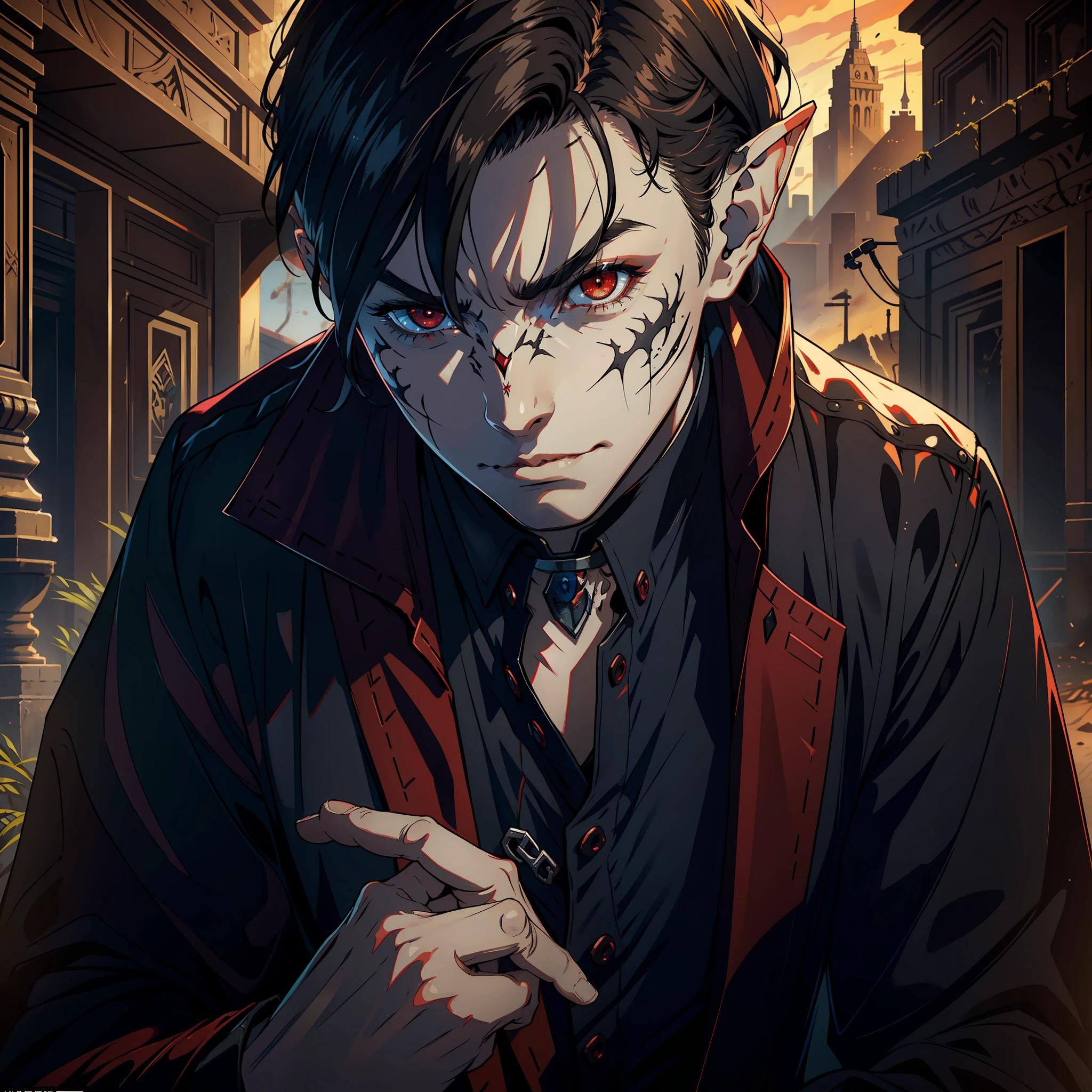 ((realistic: 1.5)),((best quality)), ((masterpiece)),((detailed)), man, short dark hair, elf ears, scars across face, sadistic look, eyes with red pupils, evil smile, general's clothes, ancient desert