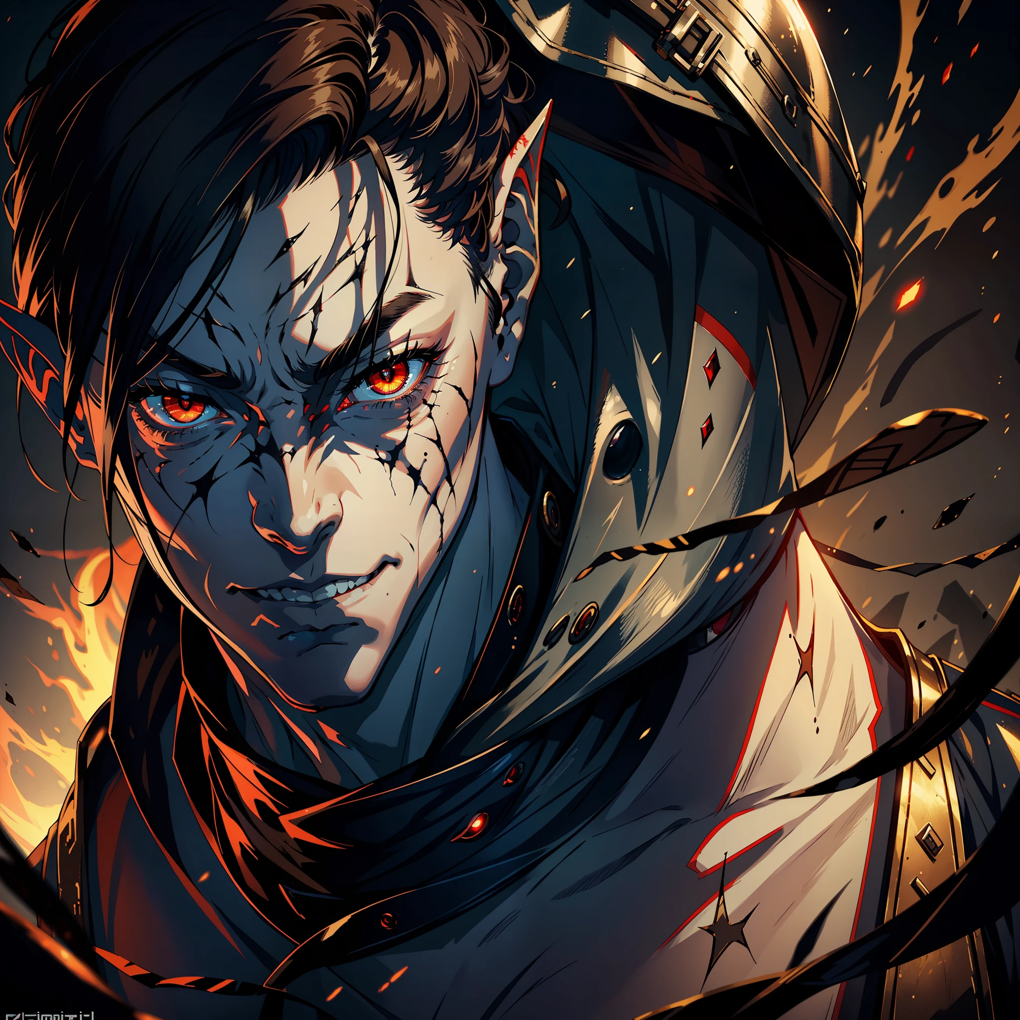 ((realistic: 1.5)),((best quality)), ((masterpiece)),((detailed)), man, short dark hair, elf ears, scars across face, sadistic look, eyes with red pupils, evil smile, general's clothes, ancient desert