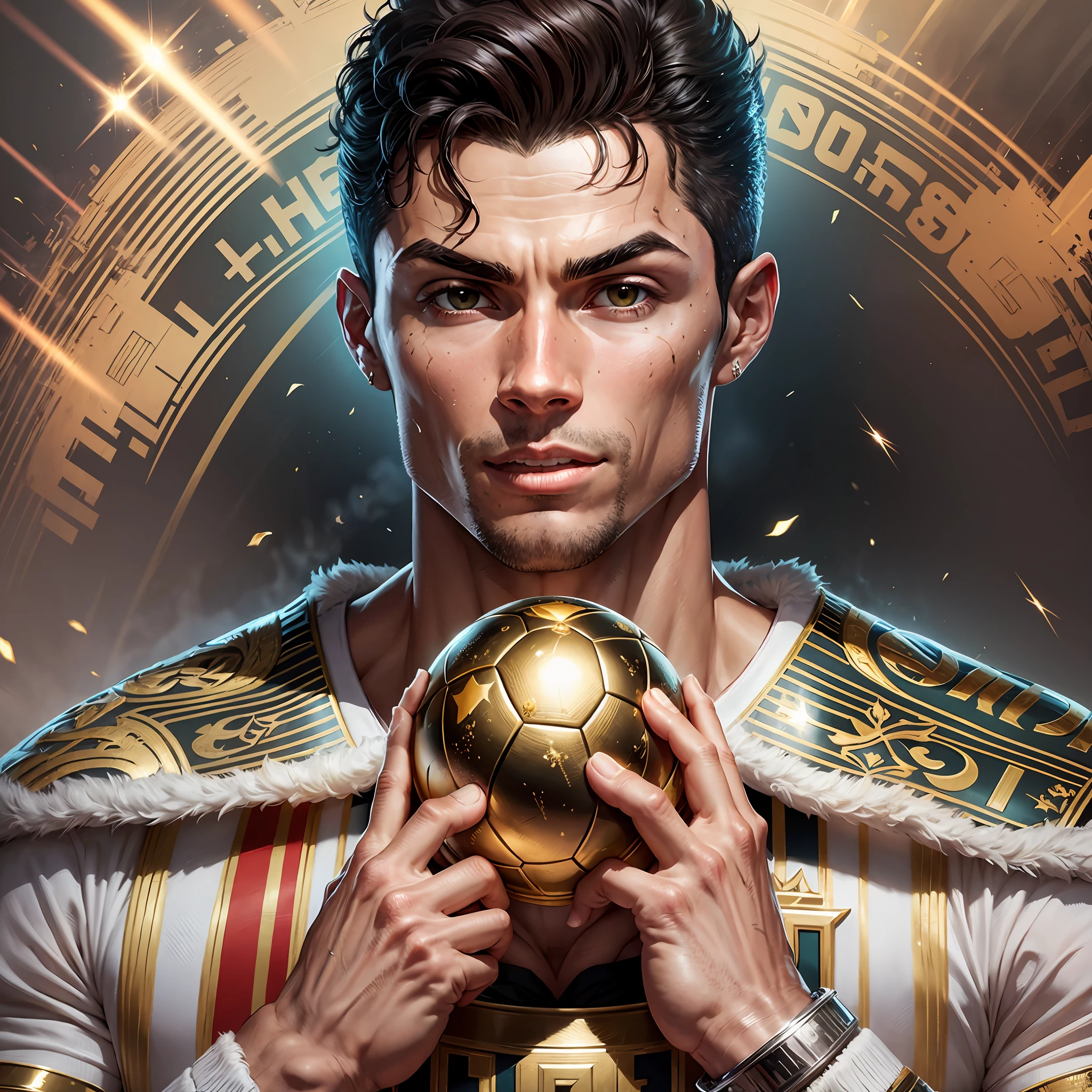 Cristiano Ronaldo as a king of the world, shirt Portugal, Manchester United, Real Madrid and Juventus with a golden ball.