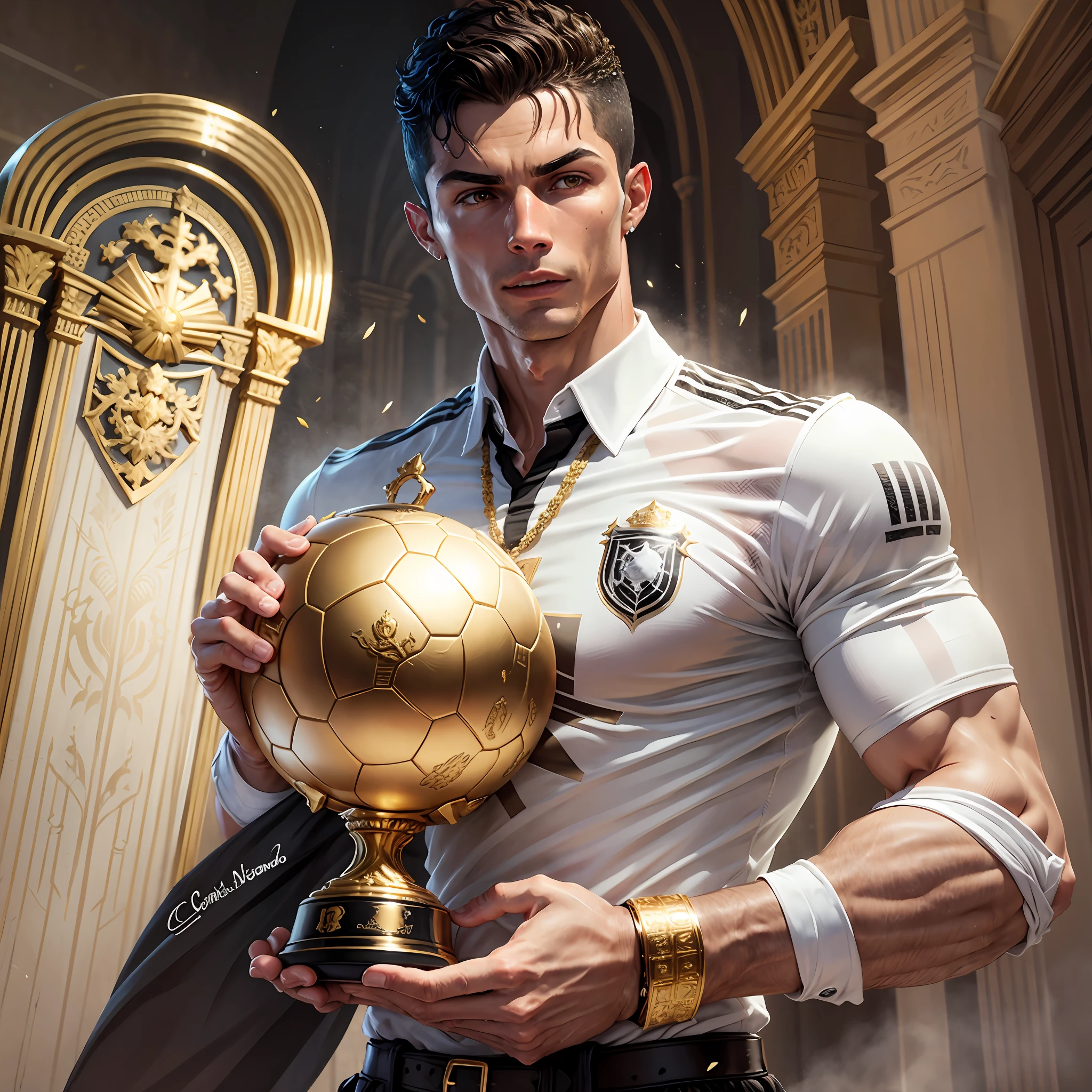 Cristiano Ronaldo as a king of the world, shirt Portugal, Manchester United, Real Madrid and Juventus with a golden ball.