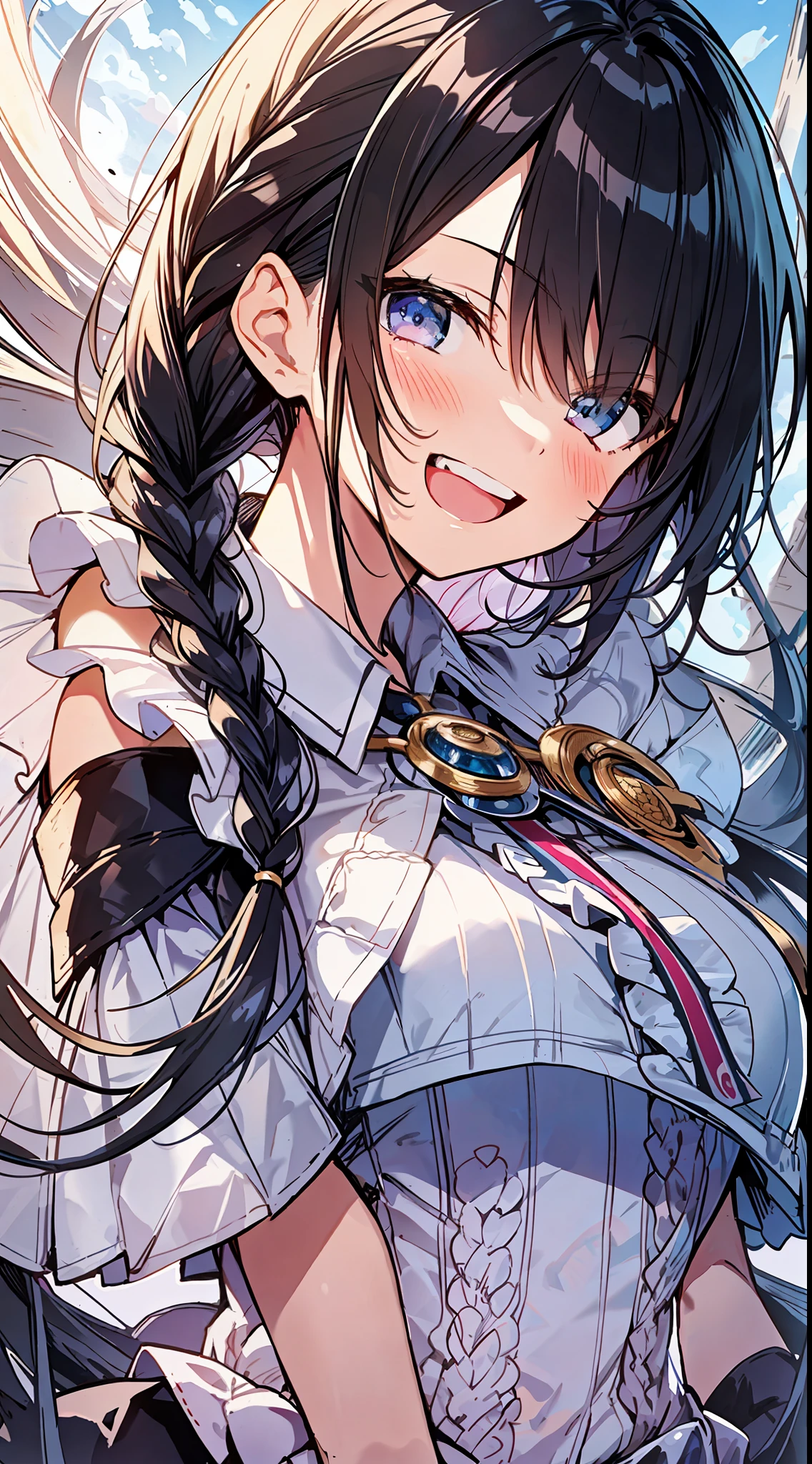Best Quality, Best Masterpiece, Ultra High Definition, 8k, Riders Fashion, Shojo Manga Style , Single, Soft Line Art, Digital Enhancement, Shoujo Manga Touch, Shojo Manga Core, Flowing Fabric, Close Up, ((Hair length to shoulder and short braid)), staring at us from the front, soft drawing, Beautiful black hair, Clear eyes, grin, teeth, Wide mouth, ultra-detailed digital anime art, clear face depiction, ultra-detailed shojo manga character art, ultra-detailed manga style, top quality colors, hand gestures, foot-up angles, outdoor