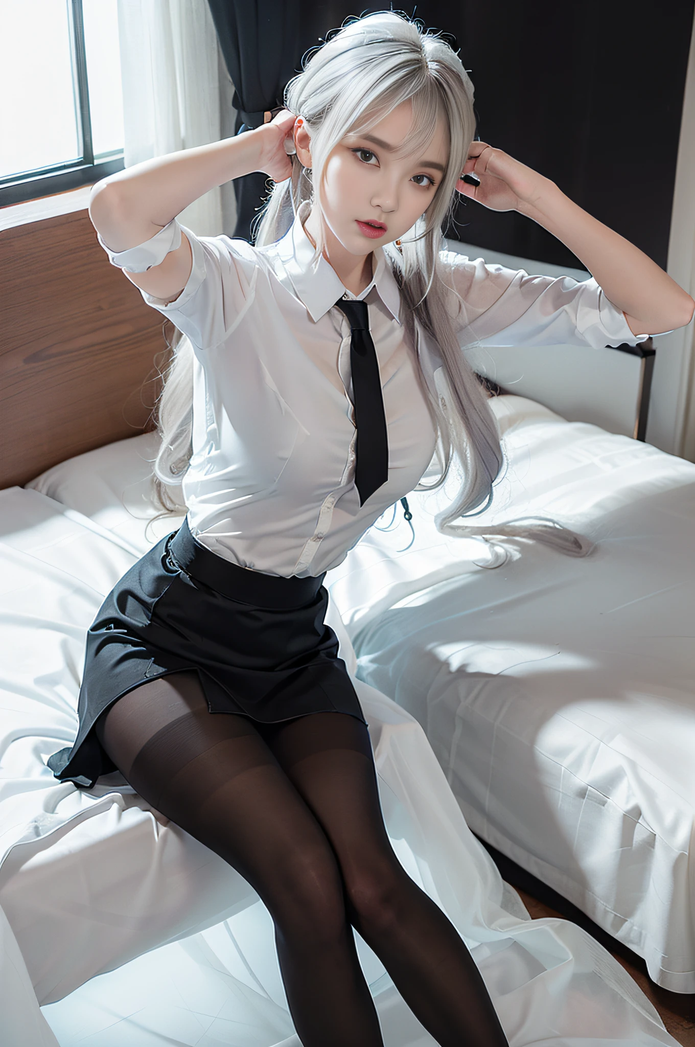 (((1 girl)),ray tracing,(dim lighting),[detailed background (bedroom)),((silver hair)),((silver hair)),(Fluffy silver hair, plump and slender girl)) with a high ponytail))) Avoid golden eyes in the ominous bedroom ((((Girl wears a white shirt, black wrinkled skirt with black transparent pantyhose), there are a few spare pantyhose piled on the bed, discarded stockings, showing a delicate and slender body and graceful curves, Correct limbs, sit on the bed, hands behind the head and hands behind the head