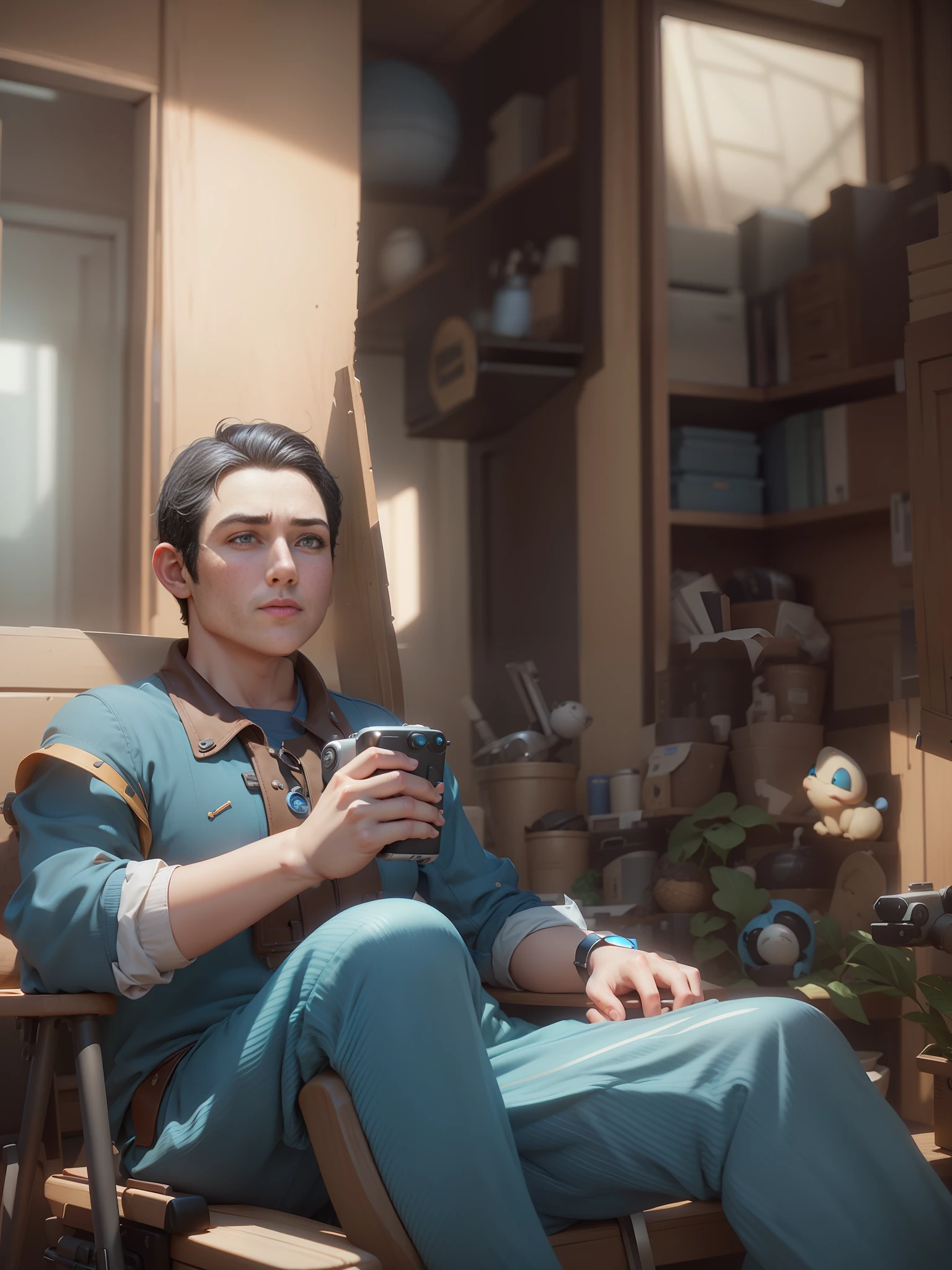 round cheek, dimple, Short flat hair, black hair, in blue shirt, character in style of Pixar studio, charismatic, appealing, fariytale scene, Unreal Engine 5, divine fine lustre, highly detailed –ar 2:3 –iw 2 --auto --s2