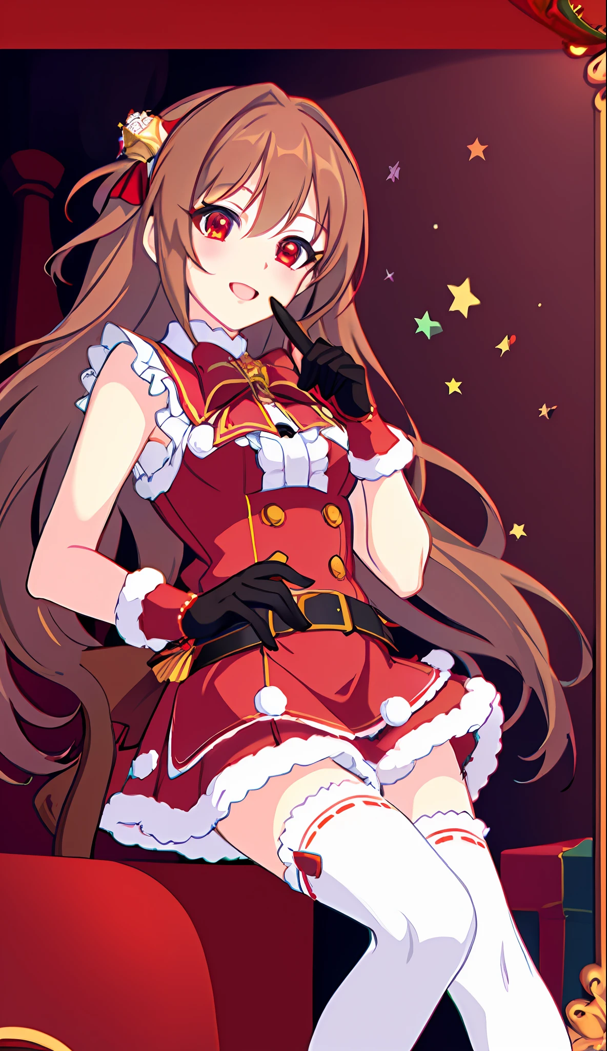 masterpiece, top quality, 8K animation, detailed fingers, precise fingers, not unnatural hands, illustrations, 1 girl, solo, brown long hair, red Santa costume, miniskirt with white ruffles, black gloves, red eyes, white knee socks, nozomi,