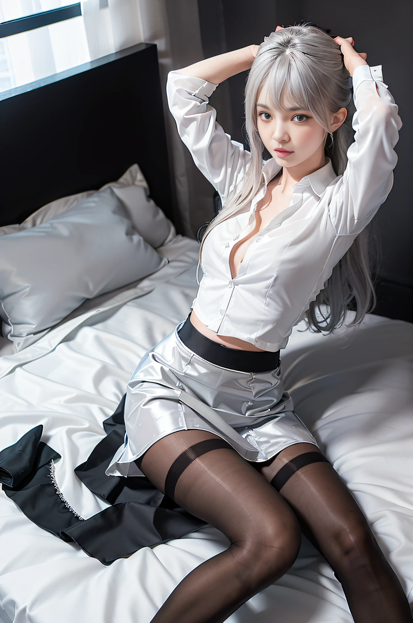 (((1 girl)),ray tracing,(dim lighting),[detailed background (bedroom)),((silver hair)),((silver hair)),(Fluffy silver hair, plump and slender girl)) with a high ponytail))) Avoid golden eyes in the ominous bedroom ((((Girl wears a white shirt, black wrinkled skirt with black transparent pantyhose), there are a few spare pantyhose piled on the bed, discarded stockings, showing a delicate and slender body and graceful curves, Correct limbs, sit on the bed, hands behind the head and hands behind the head