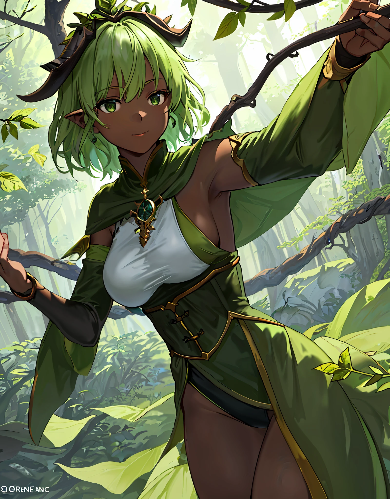 ファンタジー, 1forest_elemental_girl, dynamic_pose_fighting, (using_leaves_clothes, green_leaves_covered_breasts, leaves_covered_pussy)+++,big_tits,dynamic_pose_standing, light_smile, 眠い, medium_hair, へそ,(dark_skin)+, オイル, (winding_vine_around_torso)++, (ふっくらと)+,森, trees_background, leaves_headgear, green_leaves_cape, hold_large_long_staff, large_thighs, large_ass, (solo)+,