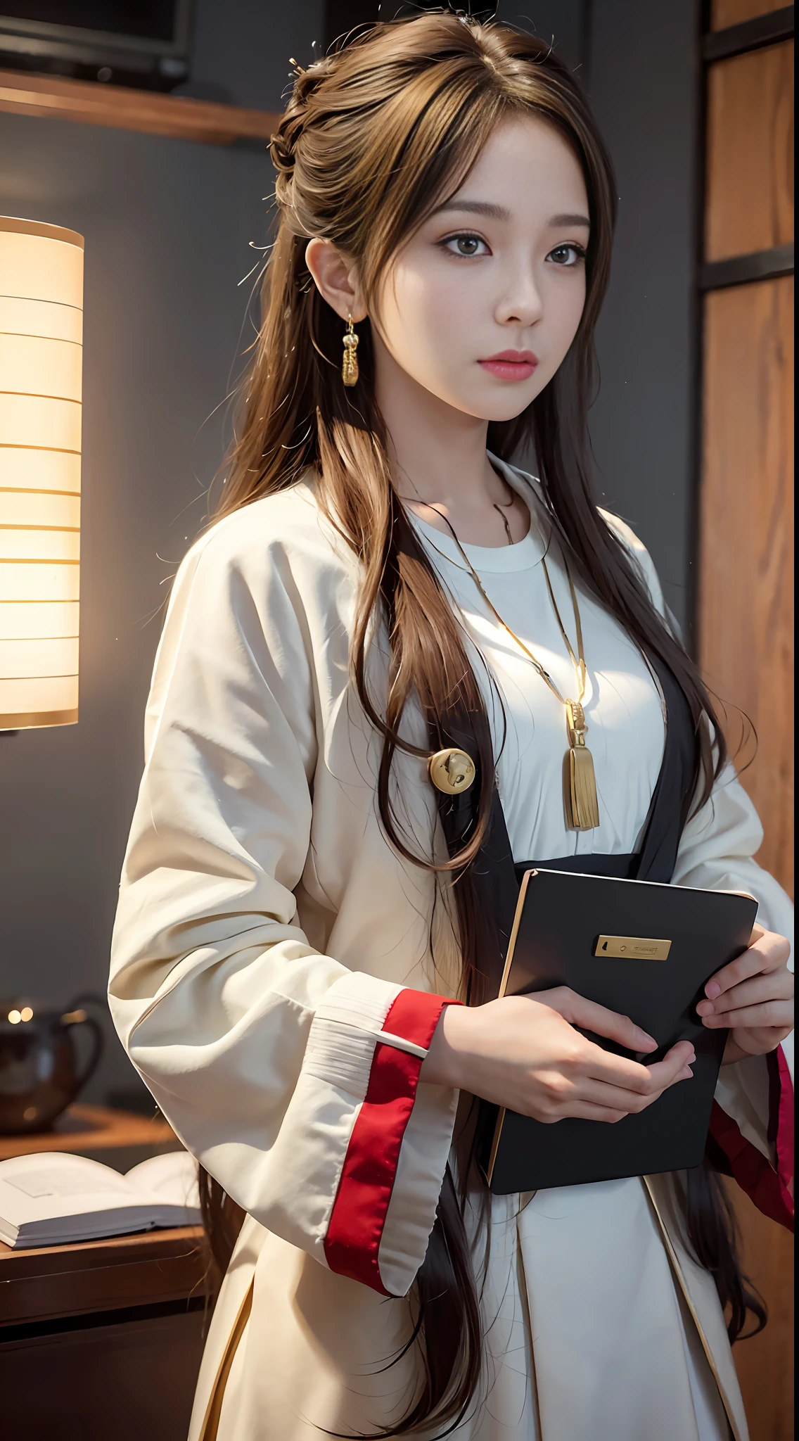 1girl, sweet girl, prince, Japanese uniform, natural, elegant, cute, (Perfect Big Eyes: 1.2), Long Red Hair, Perfect Nose, Small, Holding a Book, Extreme Hand Details, Cute, Necklace, Earrings, RAW, 16k, (Masterpiece: 1.5), Best Quality, Intricate Detail, Ultra High Resolution, Very Detailed, Wallpaper, Unreal Engine 5, Ray Tracing, Artstation Extreme Art Detail, Dynamic Lighting, Very Detailed, (Realistic: 1.5), Sharpen, Depth of Field, Complex 3D Rendering, Ultra Detail, Octane Rendering, Full Facial Features, Full Body, Full Body Shot