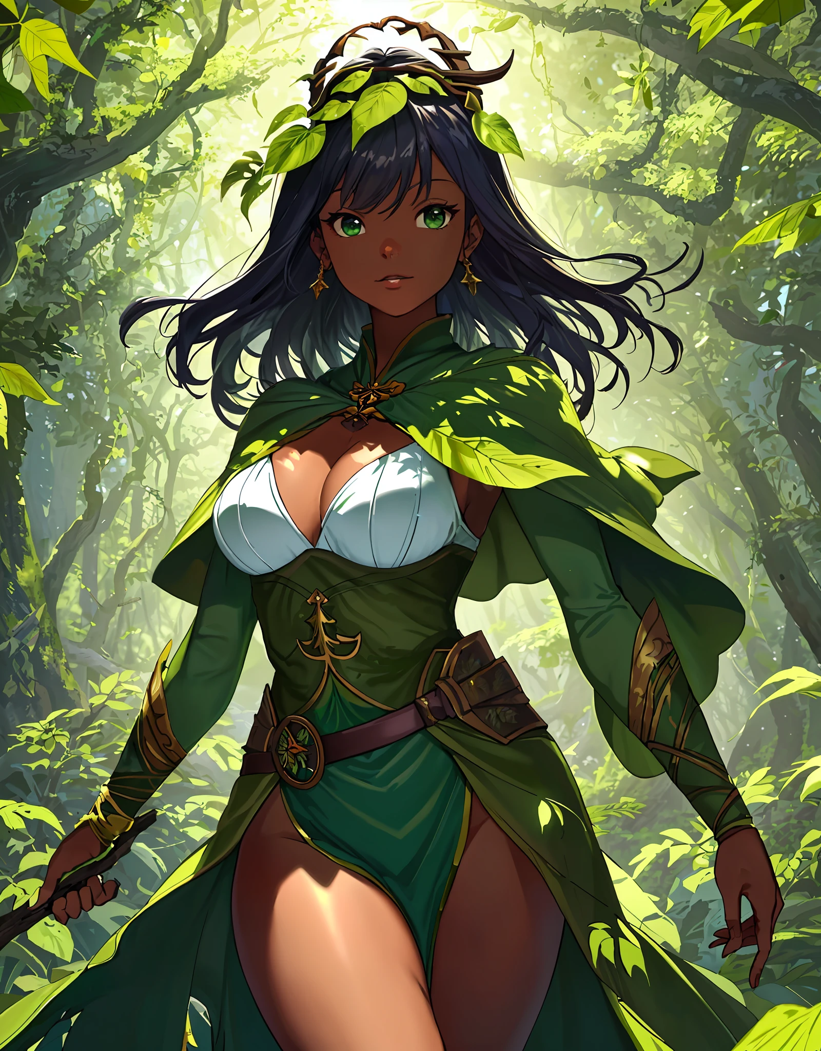 ファンタジー, 1forest_elemental_girl, dynamic_pose_fighting, (using_leaves_clothes, green_leaves_covered_breasts, leaves_covered_pussy)+++,big_tits,dynamic_pose_standing, light_smile, 眠い, medium_hair, へそ,(dark_skin)+, オイル, (winding_vine_around_torso)++, (ふっくらと)+,森, trees_background, leaves_headgear, green_leaves_cape, hold_large_long_staff, large_thighs, large_ass, (solo)+,