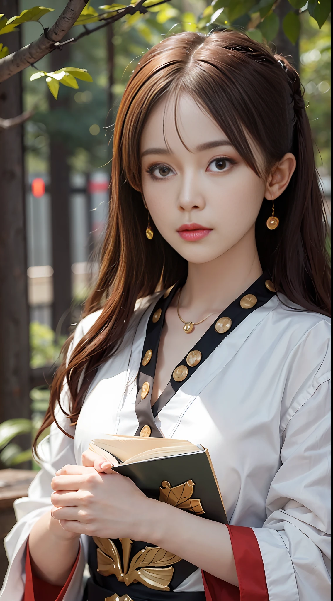1girl, sweet girl, prince, Japanese uniform, natural, elegant, cute, (Perfect Big Eyes: 1.2), Long Red Hair, Perfect Nose, Small, Holding a Book, Extreme Hand Details, Cute, Necklace, Earrings, RAW, 16k, (Masterpiece: 1.5), Best Quality, Intricate Detail, Ultra High Resolution, Very Detailed, Wallpaper, Unreal Engine 5, Ray Tracing, Artstation Extreme Art Detail, Dynamic Lighting, Very Detailed, (Realistic: 1.5), Sharpen, Depth of Field, Complex 3D Rendering, Ultra Detail, Octane Rendering, Full Facial Features, Full Body, Full Body Shot