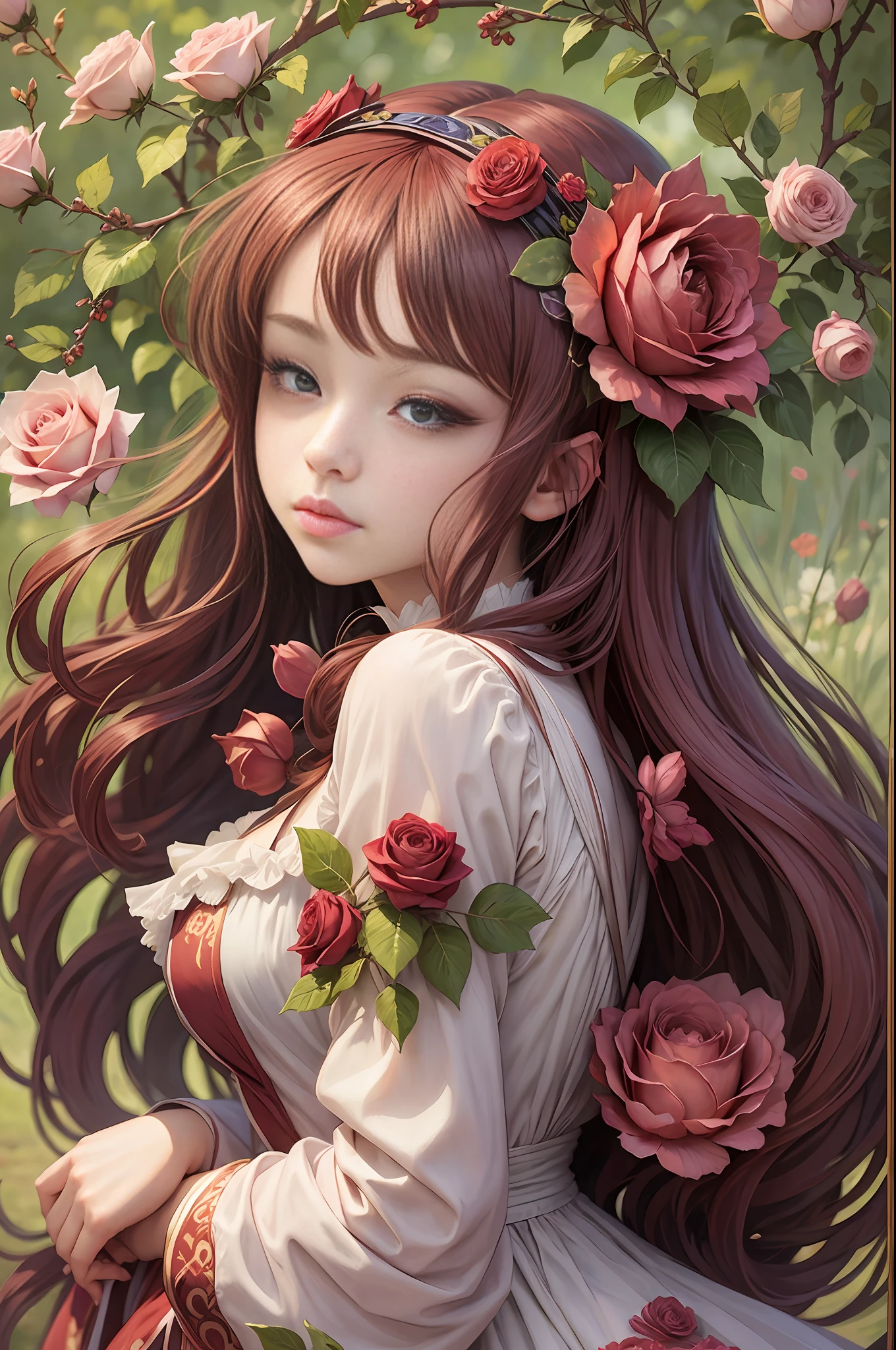 anime girl as a Botticelli model, burgundy roses, leaves, flowers, fruits, Alfons Mucha style of clothing --auto --s2
