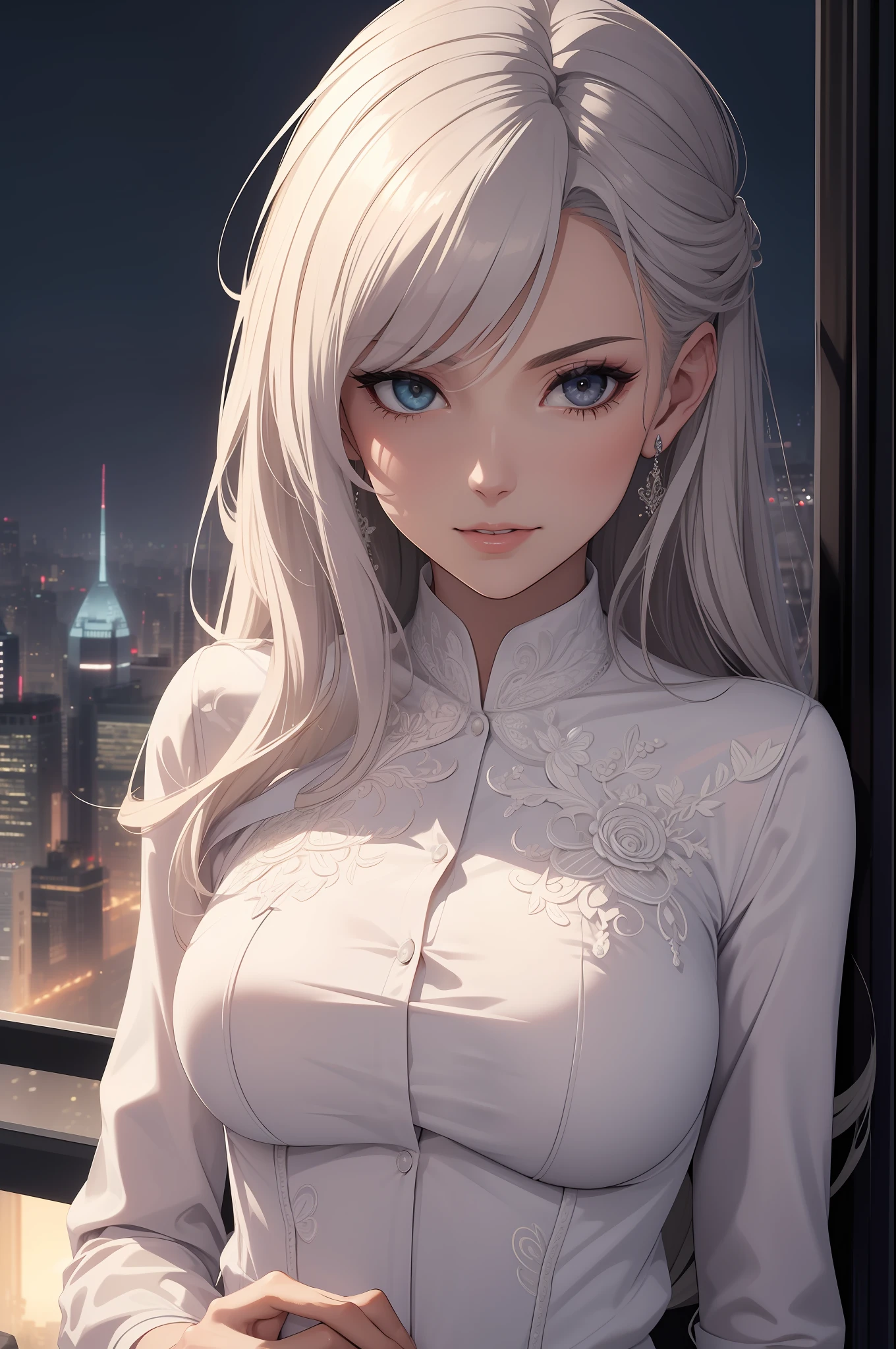 best quality, beautiful sexy mature woman, perfect, flawless, detailed, intricate, white formal shirt, dystopian city, night