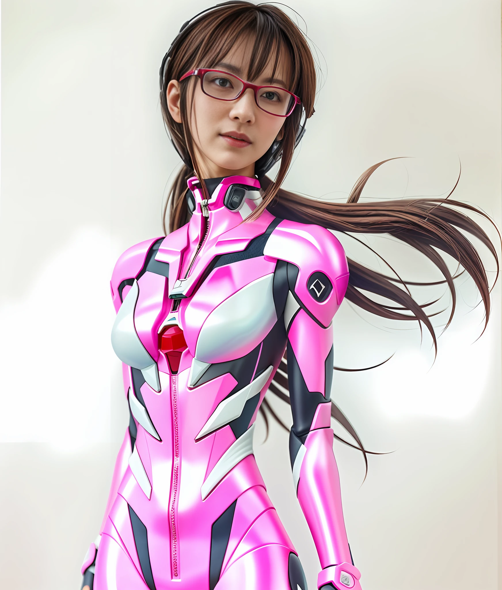 Close up portrait of woman in pink and white plug suit, looking at camera, red glasses