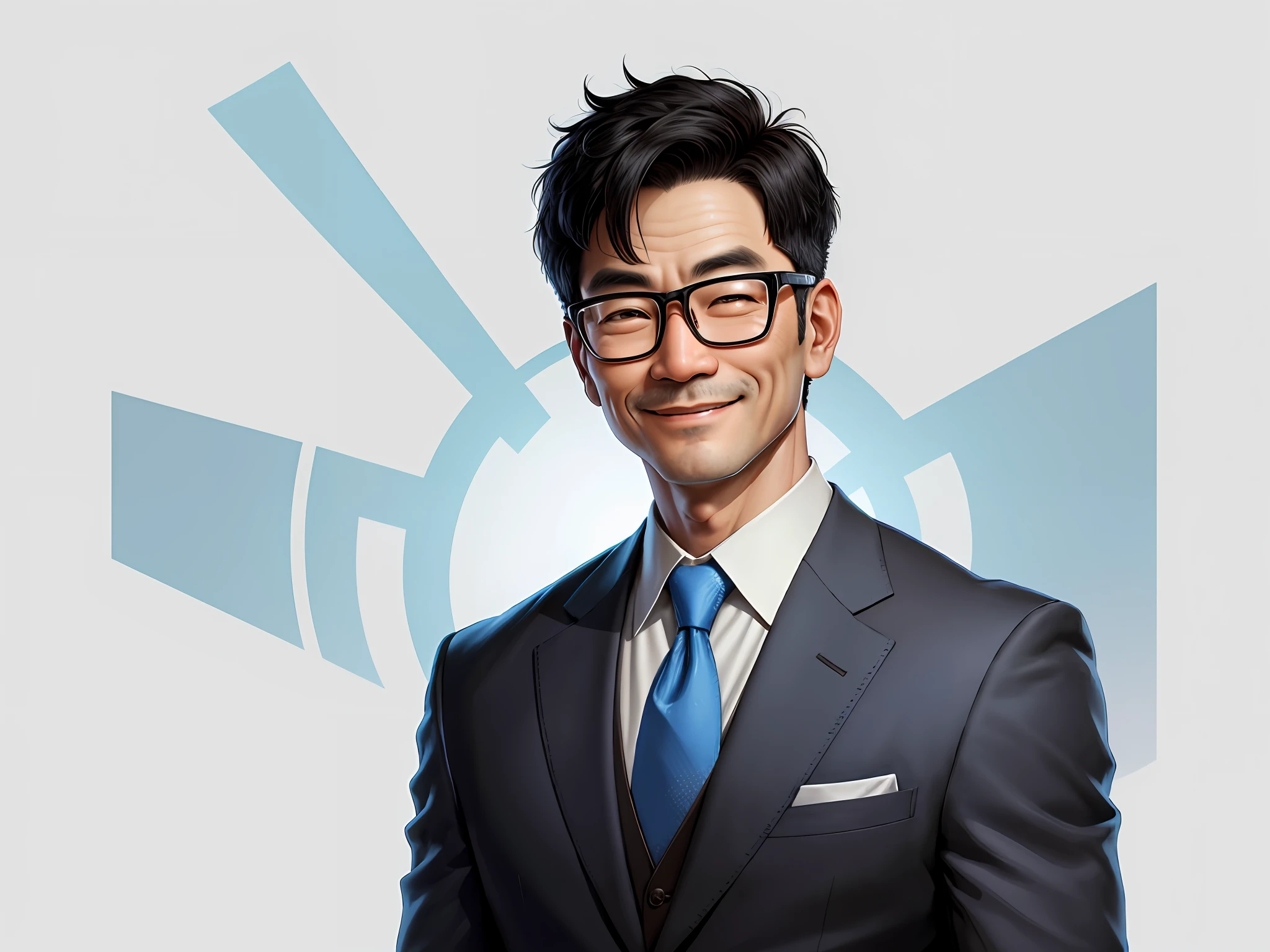 Taiwanese middle-aged uncle male portrait, extremely detailed face, black hair, (super short hair) middle-aged handsome uncle, Taiwanese man, silver glasses, slightly chubby face, very clean face, black super short hair, black eyes, black suit, blue tie, confident smile, digital painting, film, character design of Mark Laedon and Pixar and Hayao Miyazaki, the illustration is a 4K resolution HD illustration with very detailed facial features and cartoon-style visuals.