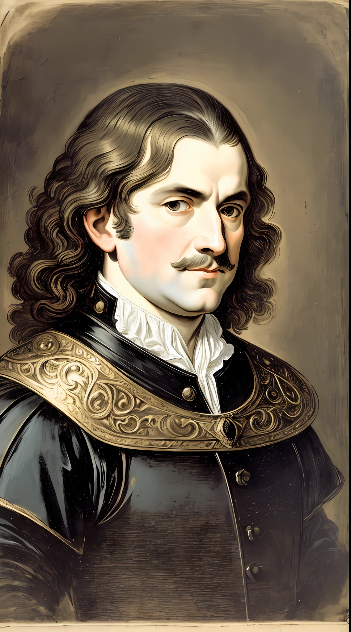 by Govert Flinck, portrait of 17th century English male aristocrat wearing black metal cuirass, posing, high resolution, masterpiece, detailed face, detailed body,HD,