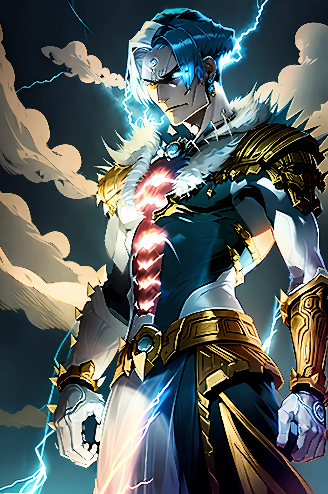 God of light with bright blue hair,spiky,standing in the sky with arms clenched.an aura of golden lightning,with white clothes with golden fire desnhos