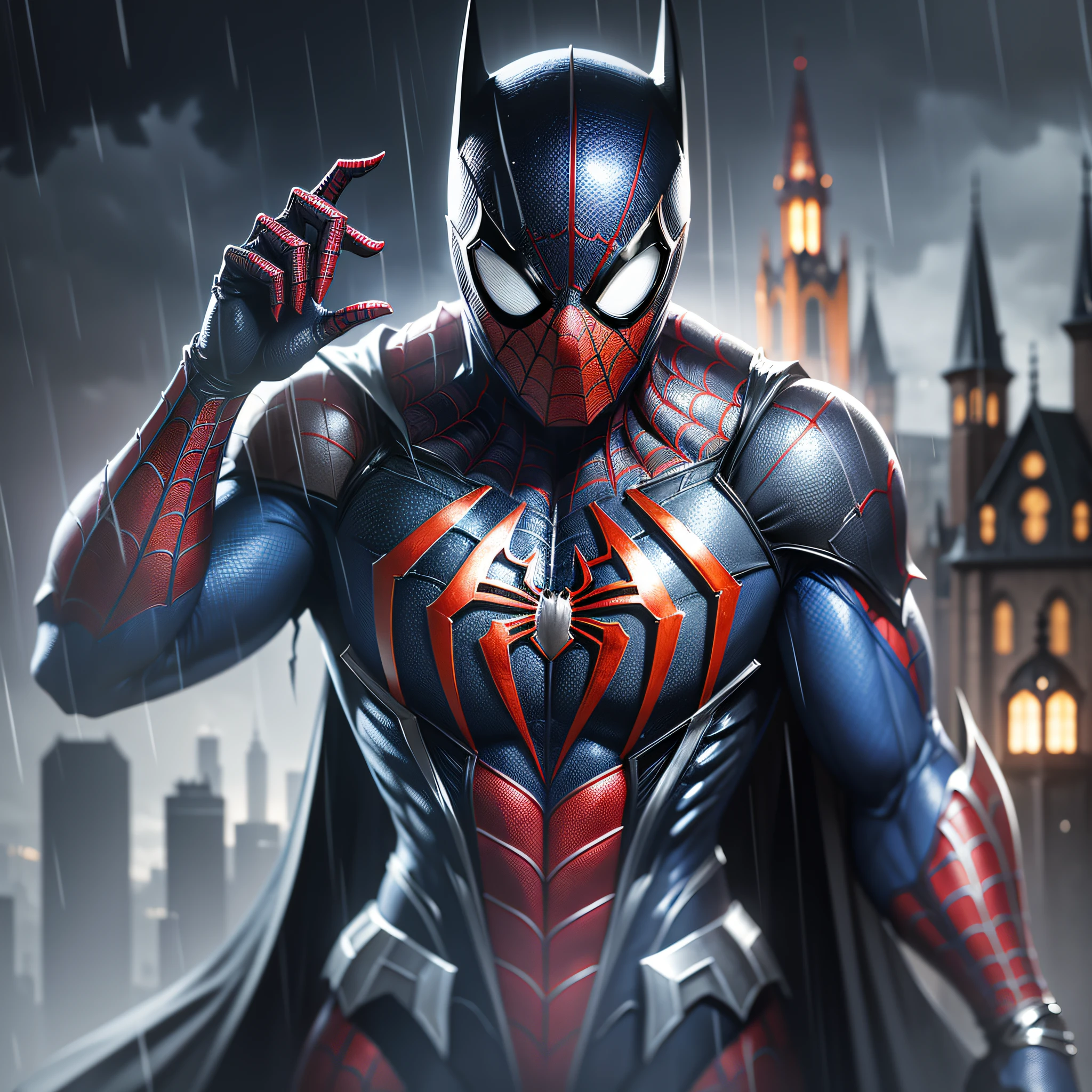 Spider-Man with Batman-style armor, Batman mixed with Man-Spider, Dark, Cathedral, Raining, Correct hands, Ultra realistic, Unreal Engine 5, dark, ultra quality, gorgeous, cute --auto --s2