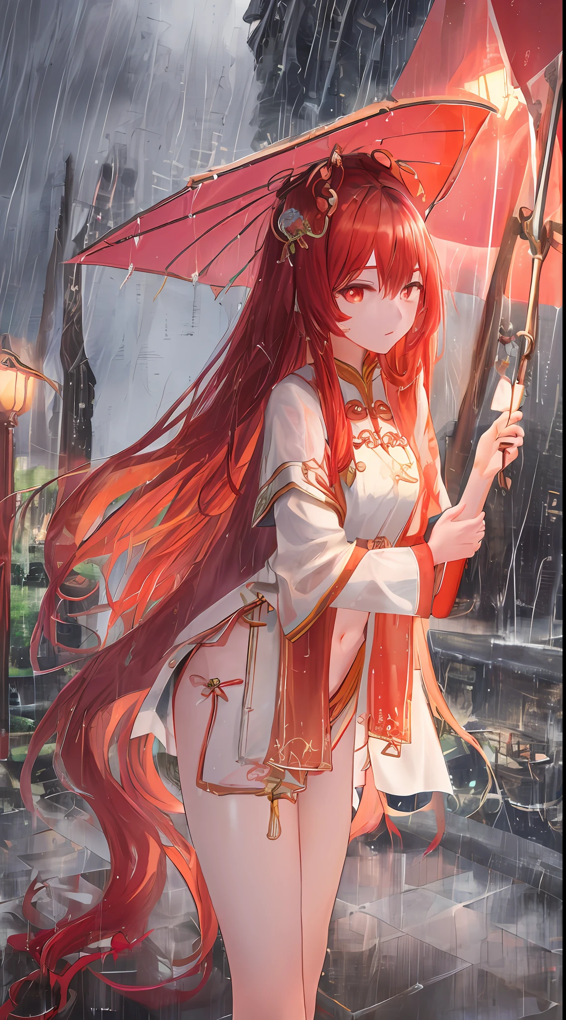 Dynamic angle, very beautiful, very cute, detailed and delicate, very young Chinese girl, bright red long hair, wearing Middle Eastern national costume, long hair, oversized eyes, (normal chest, exposed): ::1), (rainy night, standing in the rain), (best lighting, best shadow, high resolution, ultra-detailed CG, highlight the rain)::0.9