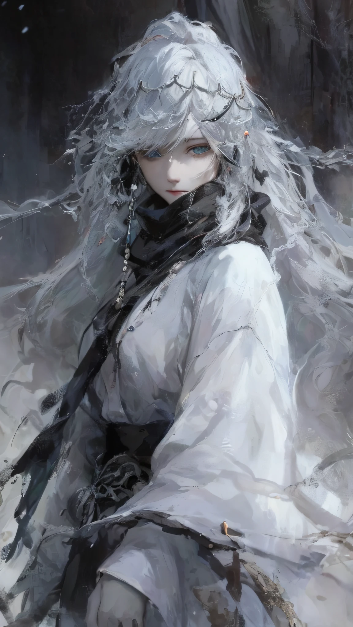 a close up of a woman with a white hair and a black scarf, a character portrait by Yang J, pixiv contest winner, fantasy art, white haired deity, beautiful character painting, artwork in the style of guweiz, the piercing stare of yuki onna, guweiz, with white long hair, with long white hair, flowing hair and long robes