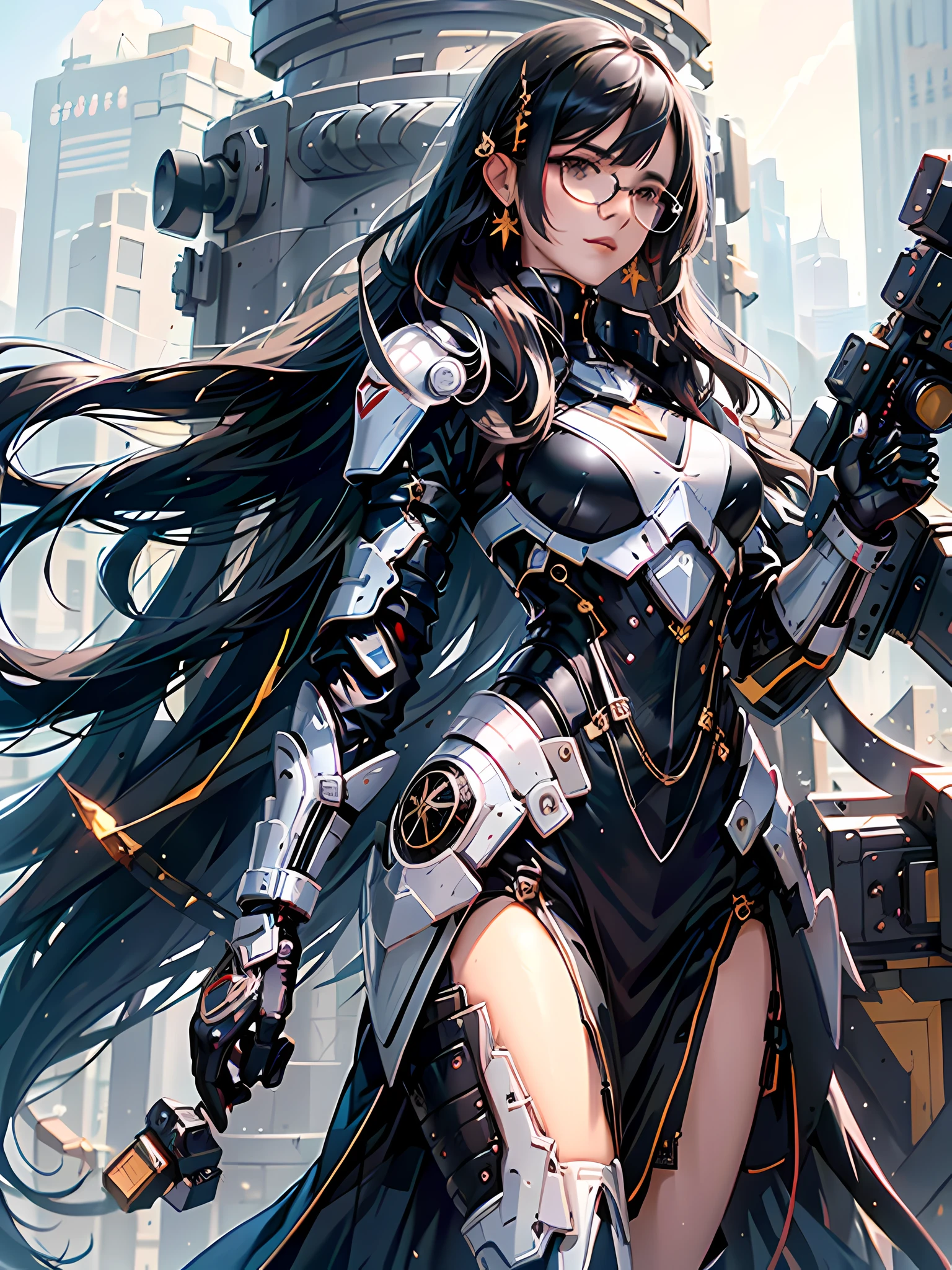 (Perfect face), ((Black long straight black long straight black long straight)), (Big long legs) (borderless glasses), (gentle and kind, secretarial temperament), royal sister style, calm,