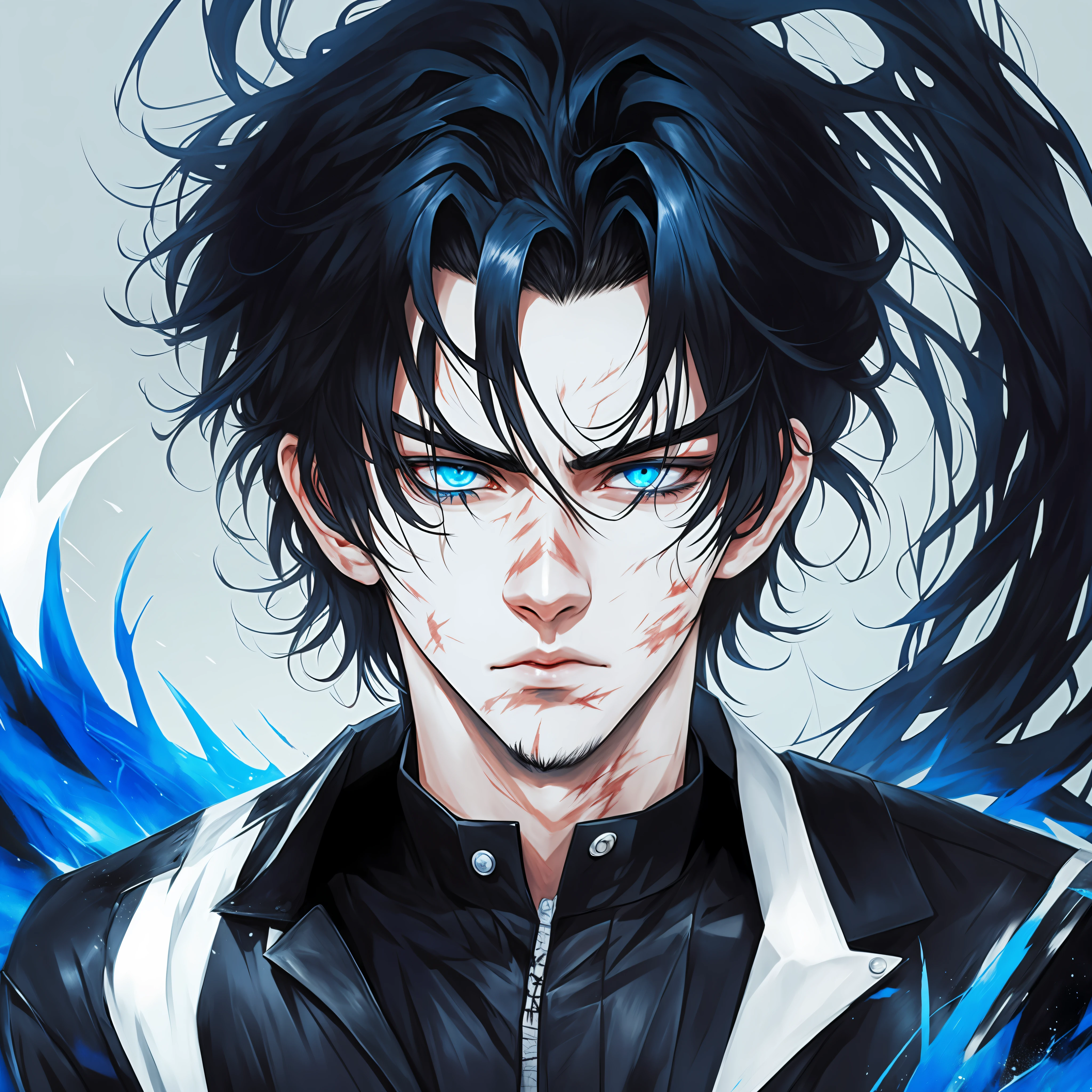 Anime boy, big white and black hair, blue eyes, scars on face and black clothing with white --auto --s2