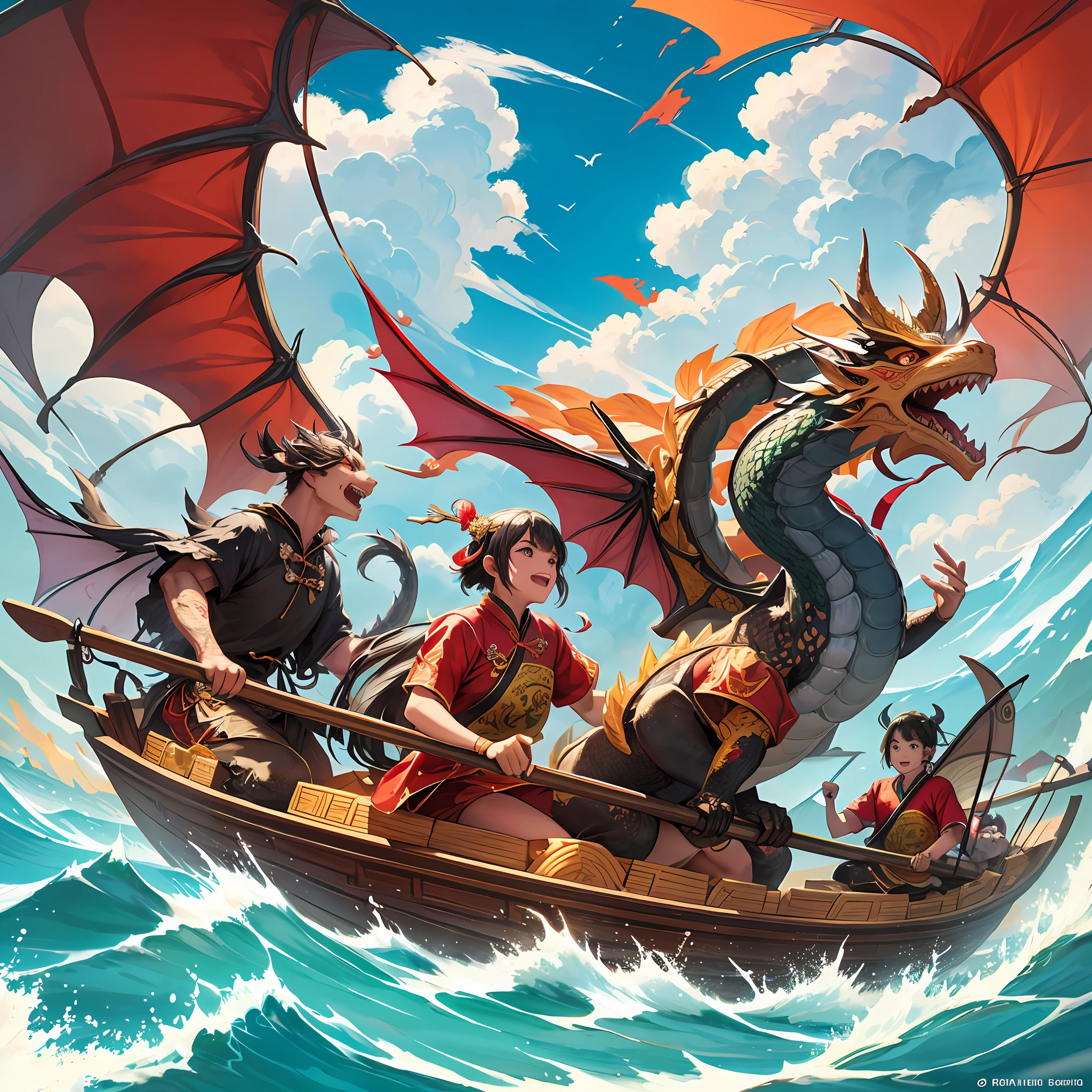 /imagine prompt: Dragon Boat Festival dragon boat eating zongzi image details and scene emotions

[1] = Dragon boat rowing during the Dragon Boat Festival

[2] = A group of people dressed in colorful Chinese costumes stand on a richly decorated dragon boat, holding long oars and paddling the surface of the water in harmony. The people on the dragon boat are full of energy with expressions of excitement and solidarity on their faces. The hull is painted with traditional dragon patterns and bright colors, giving it a solemn and lively feeling.
[3] = Dragon boat race