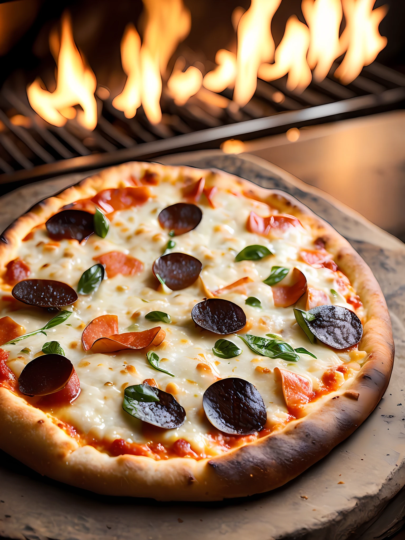 Macro photo of a slice of delicious pizza in front of a stone oven, fire oven, light it fire, food photography, advertising photography, macro crisp quality, warm colors, soft light, extremely detailed, beautiful, establishing shot, artistic, hyperrealistic, octane render, cinematic lighting, dramatic lighting, masterpiece, light brazen, extremely detailed