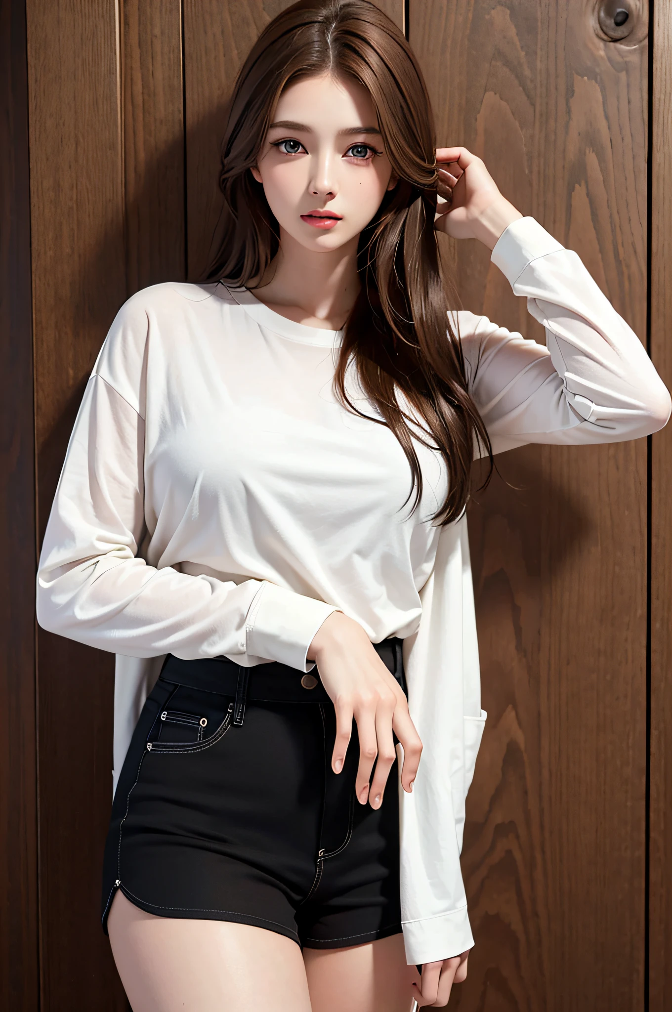 Best Quality, Masterpiece, Ultra High Resolution, (Realistic: 1.6), Original Photo, Realistic, High Resolution, 1 Girl, Brown Hair, Korean, Blue Eyes, White Shirt, Tight Black Shorts